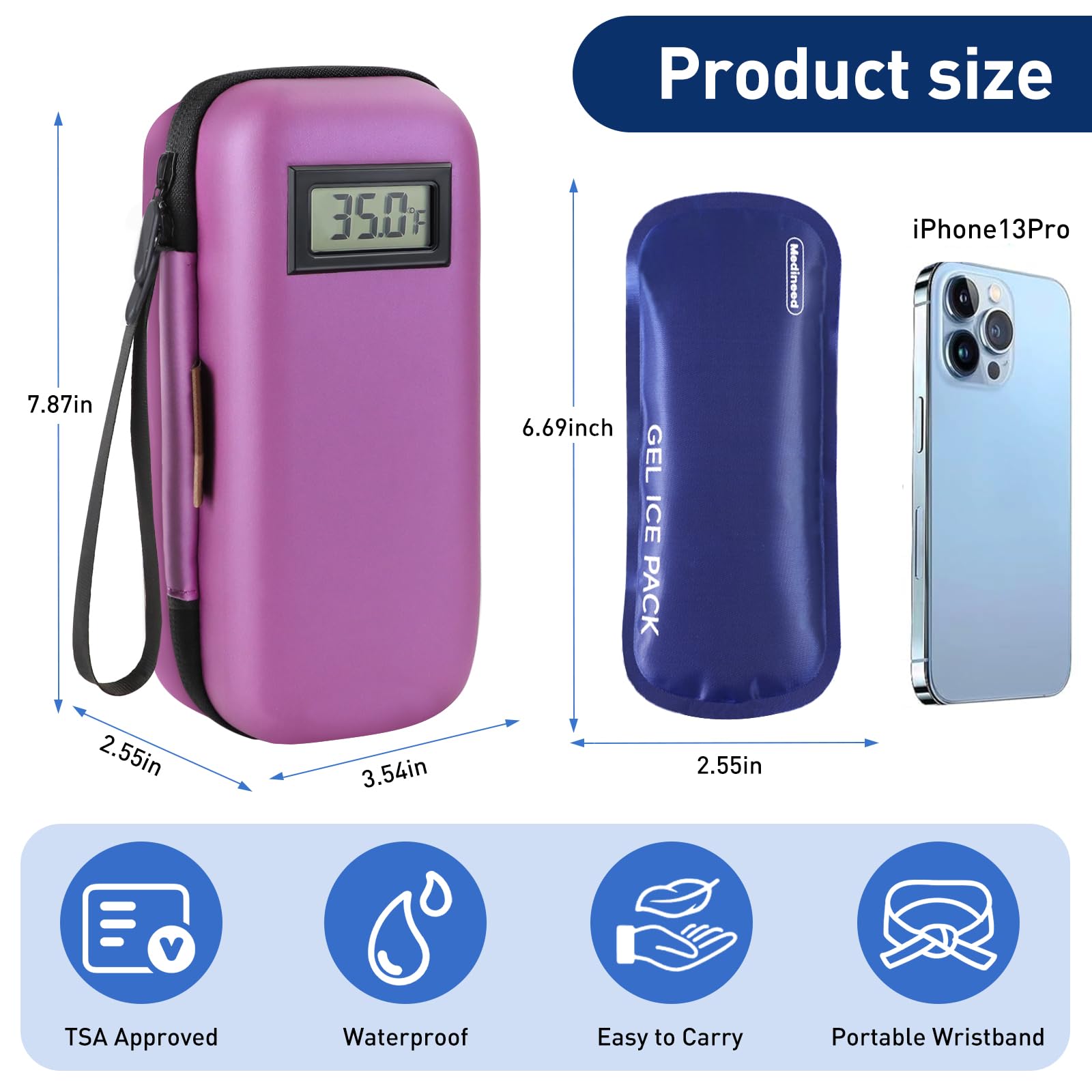 Insulin Cooler Travel Case, Portable Temperature Display Medicine Travel Cooler, travel essentials，Diabetes Case with 2 Reusable Ice Packs TSA Approved for Diabetic Supplies Patent Pending