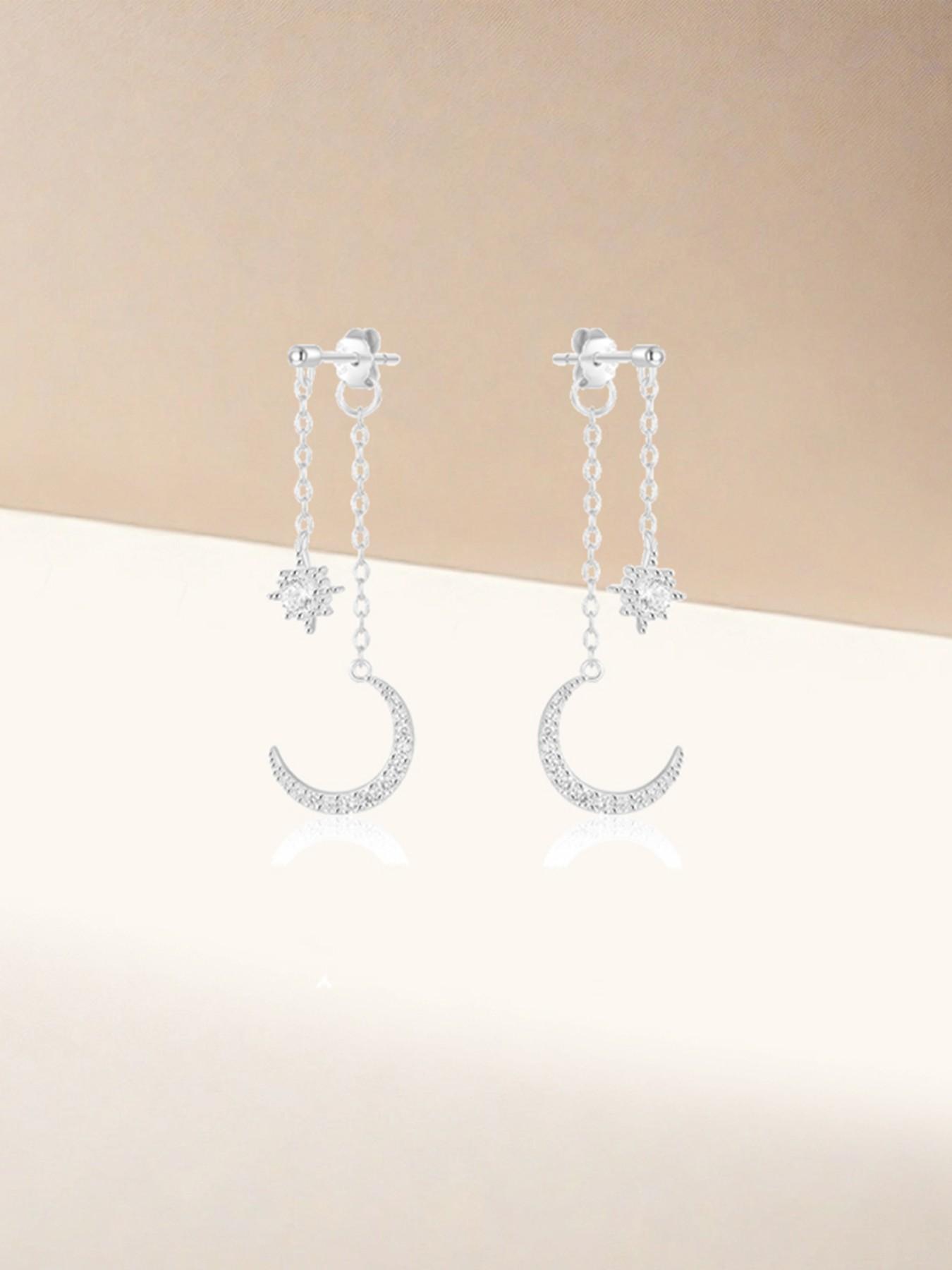 1Pair 925 Sterling Silver Classic Stars And Moon Cubic Zirconia Stud Earrings Hypoallergenic Cartilage Helix Tragus Lobe Piercing Jewelry Suitable For Women For Daily, Dates, Vacation, Wedding, Party, Holiday Gift