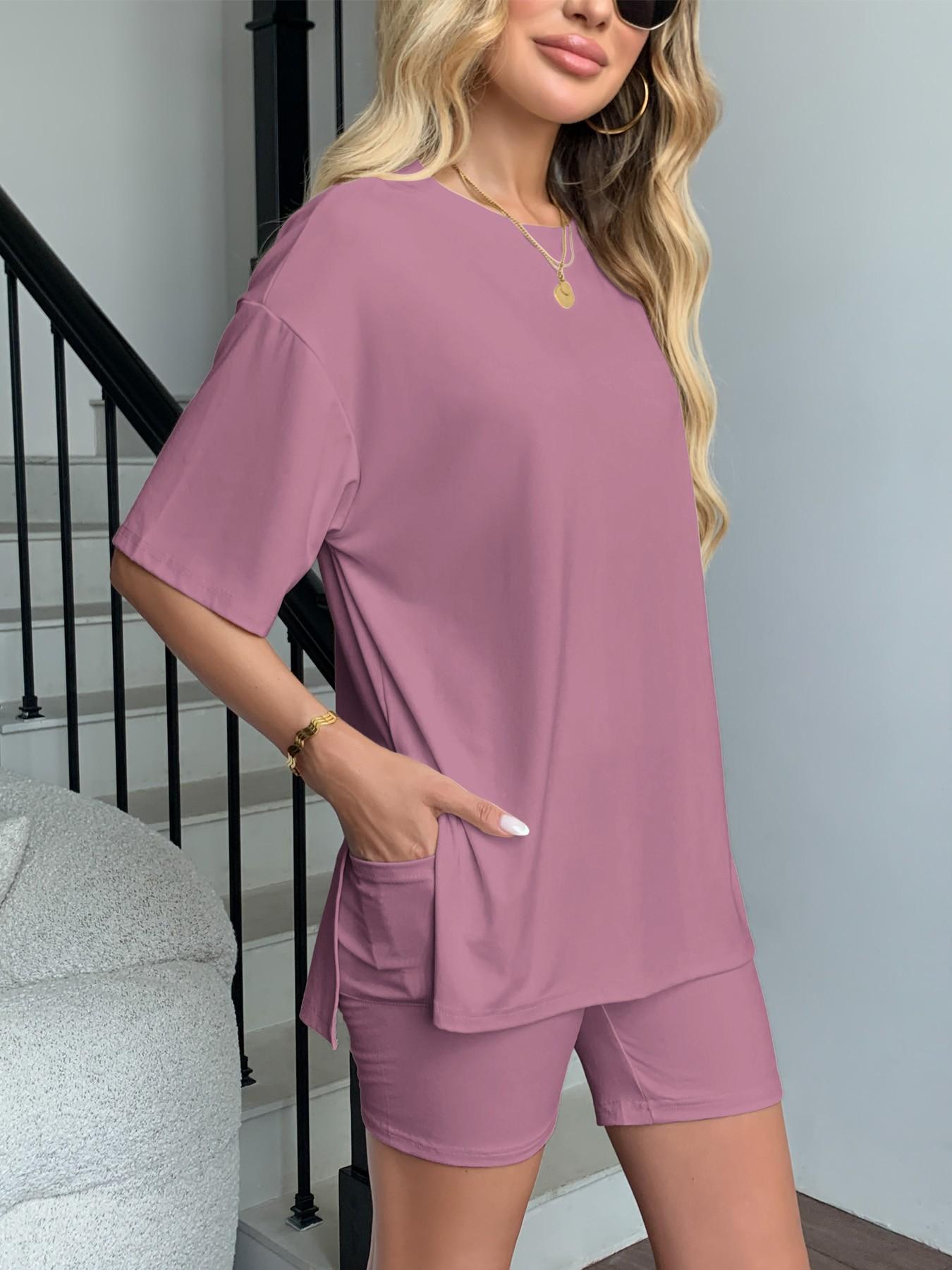 Cozy Mama Lounge Set, Women's 2-Piece, Crew Neck Oversized T-Shirts, Comfortable Home Wear, Perfect for Relaxing at Home