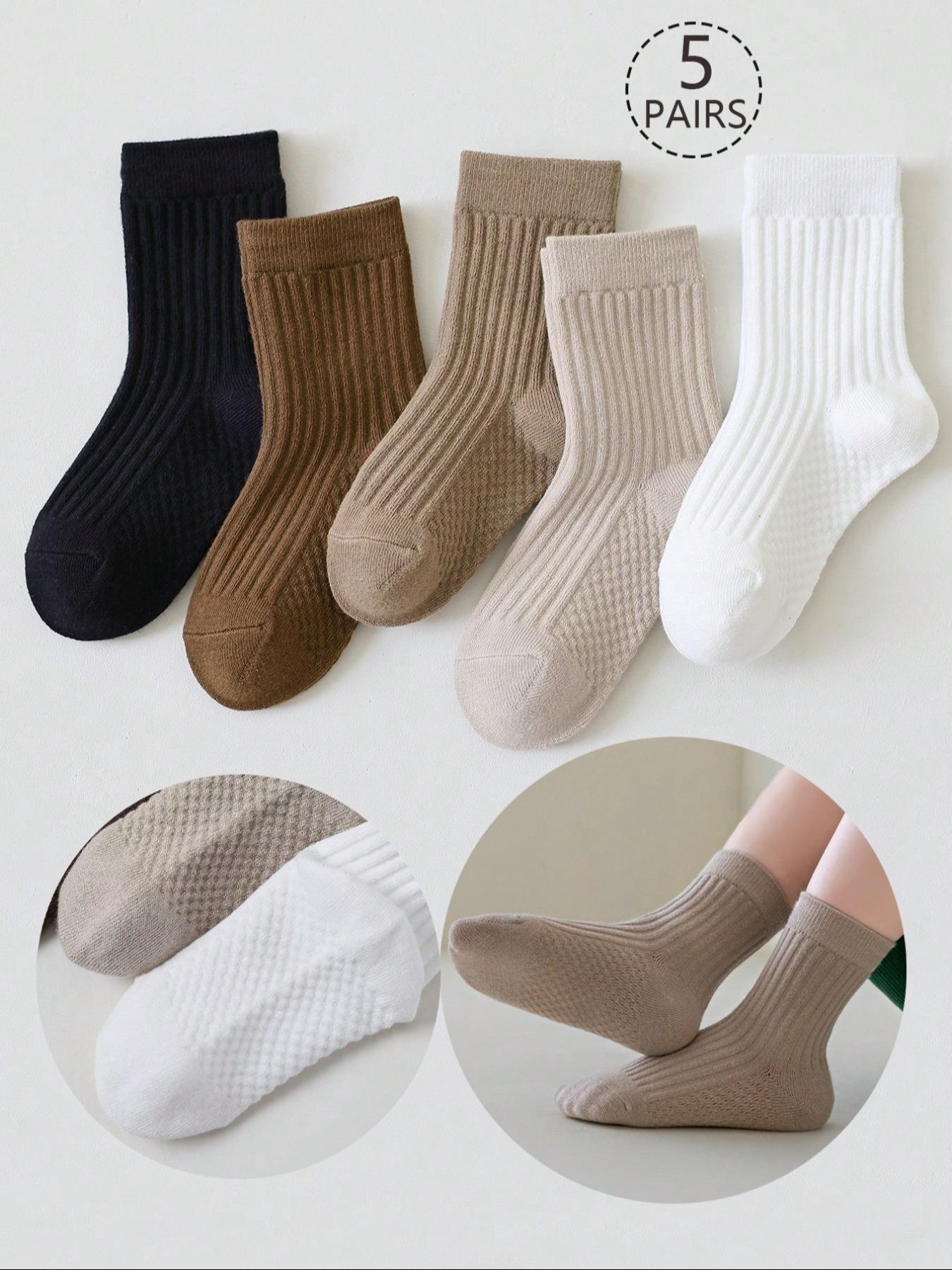 5 Pairs Kids Mid-Calf Socks, Boys Girls Infants, Solid Striped, Massage Pineapple Sole, All Seasons, Thin, Daily Wear