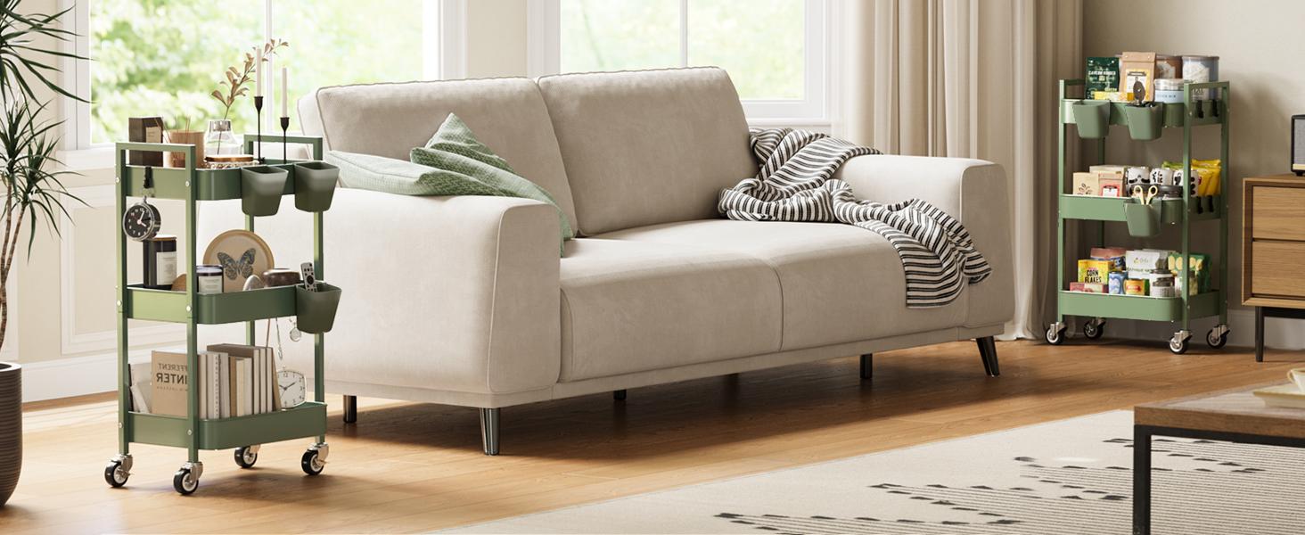 3 Tier Rolling Cart,Utility Cart with Locking Wheels, Hanging Cups,&Hooks, Heavy Duty Metal Storage Organizer Cart for Kitchen,Office, Bathroom,Craft Room,Green