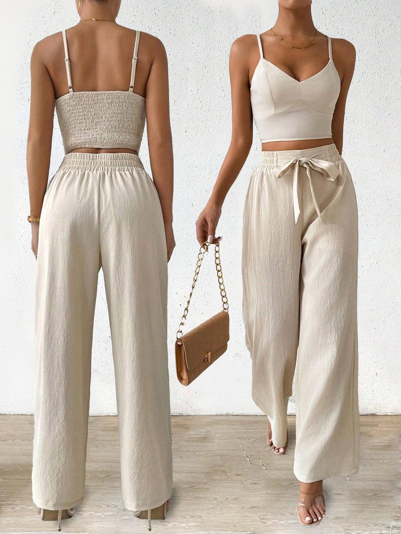 Women's Solid Crop Cami Top & Wide Leg Pants Two-piece Set, Casual Comfy Two Piece Outfits for Daily Wear, Ladies Clothes for All Seasons