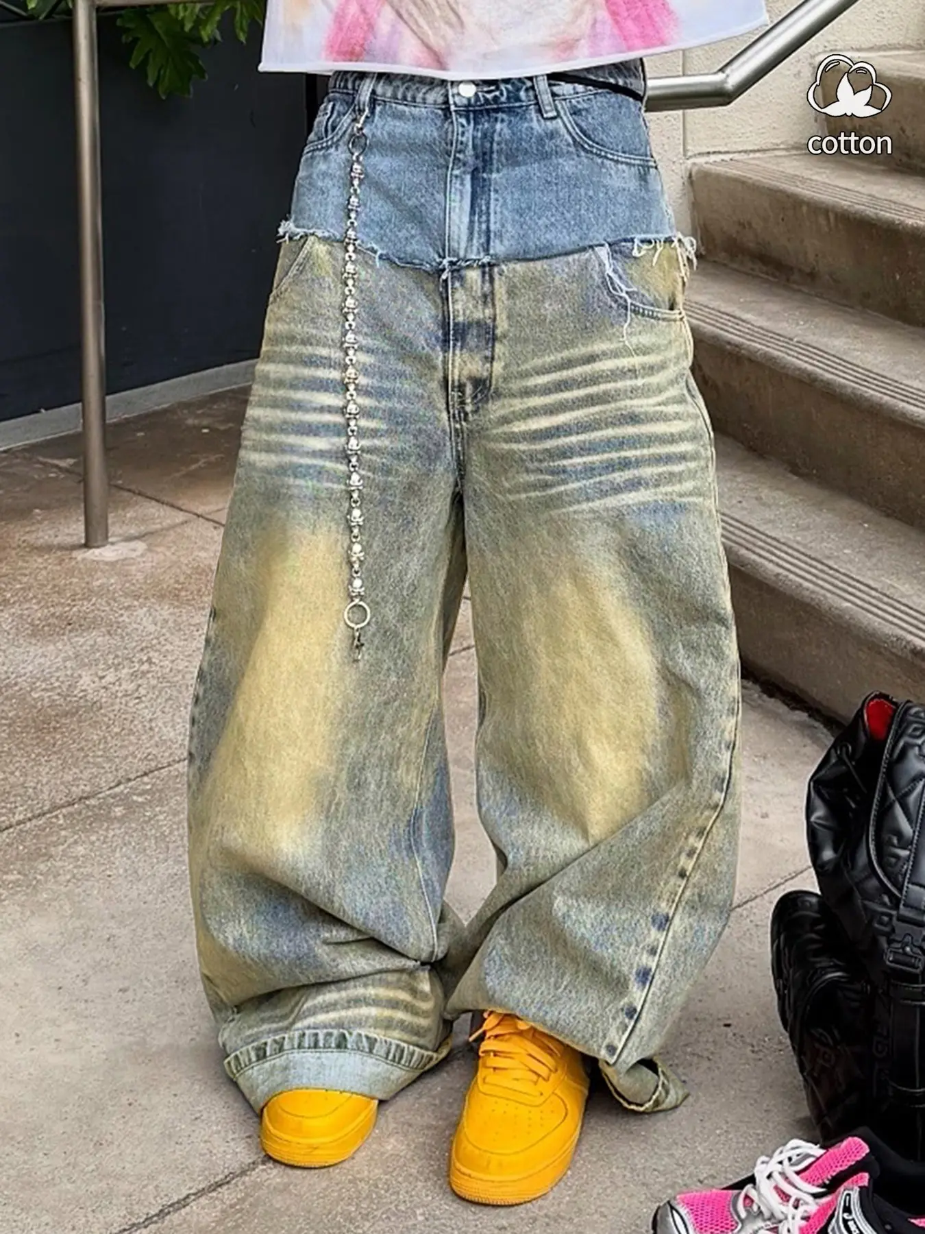 Men's Vintage Patchwork Denim Jeans, High Waist Loose Fit Baggy, Multi-Pocket Straight Leg, Casual Ombre Classic Style Streetwear, All Seasons Wear Pants, Trouser, Menswear