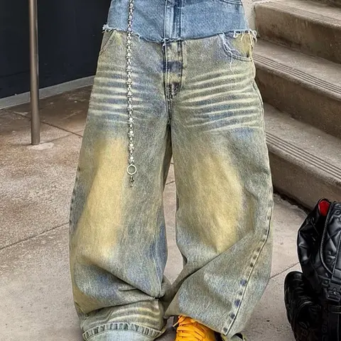 Men's Vintage Patchwork Denim High Rise, High Waist Loose Fit Baggy, Multi-Pocket Straight Leg, Casual Ombre Classic Style Streetwear, All Seasons Wear Pants, Menswear