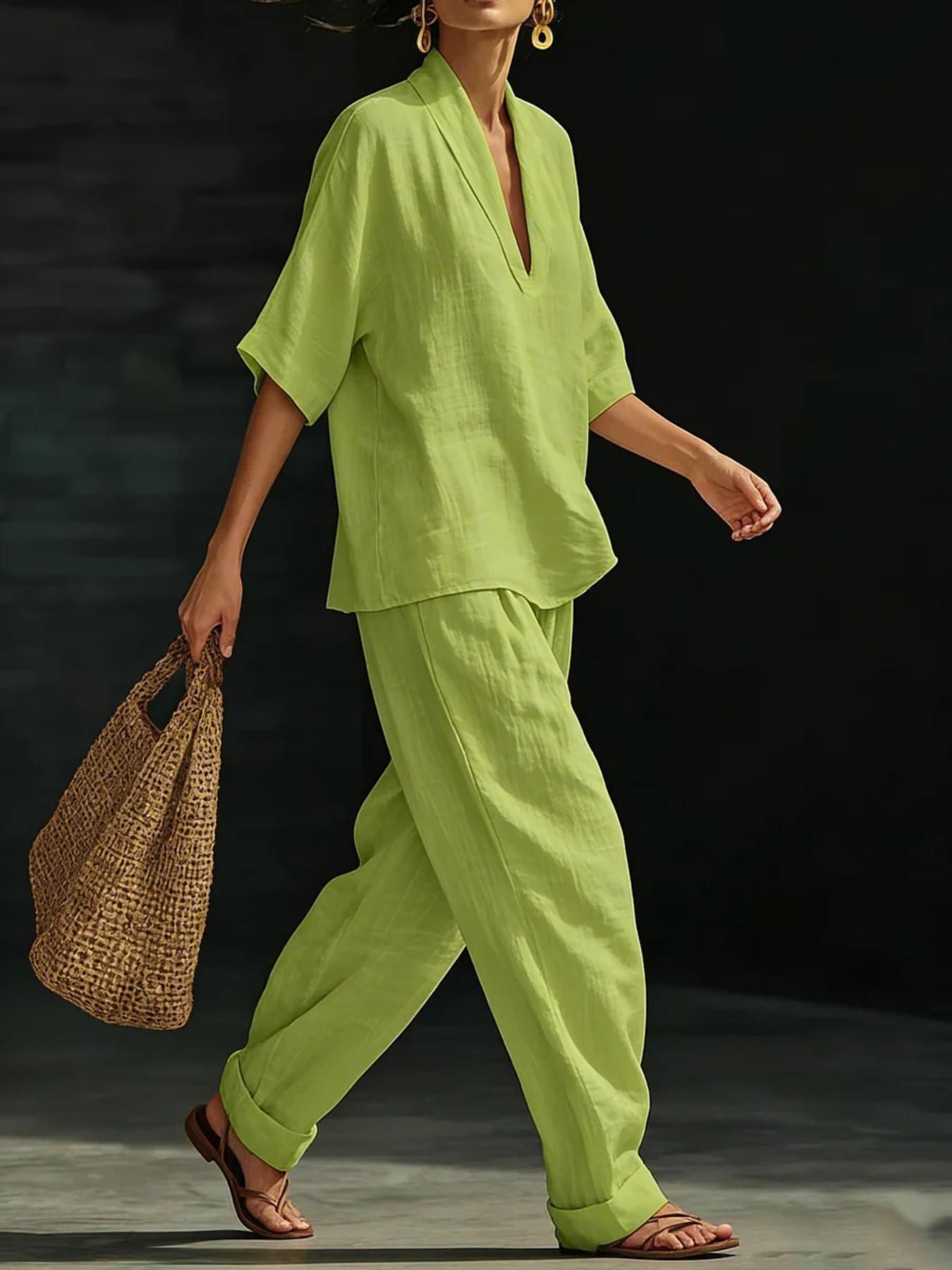 French Linen V-Neck Set for Women, Summer Loose Five-Finger Sleeve Wide Leg Pants, Lazy Style Vacation Casual Two-Piece Set Womenswear