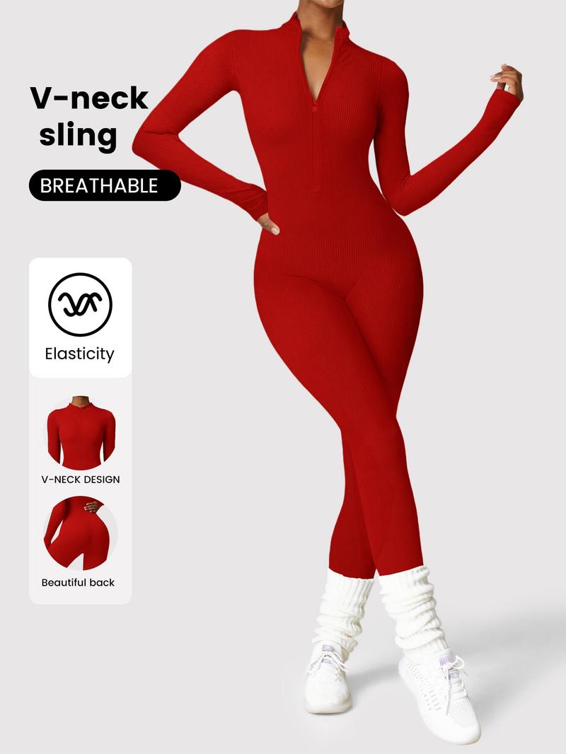 Women's Solid Color Zipper Long Sleeve Jumpsuit, Casual Sporty Comfortable One-Piece, Perfect for Yoga Gym Exercise, All Seasons Women's Sports Wear, Workout Jumpsuit