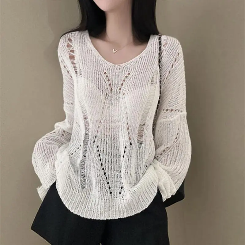 Distressed Sweater Women Pullover Drop Shoulder Openwork Knit Plain Jumper Summer Cover Up Tops Teen-girl Y2K Grunge Outfit