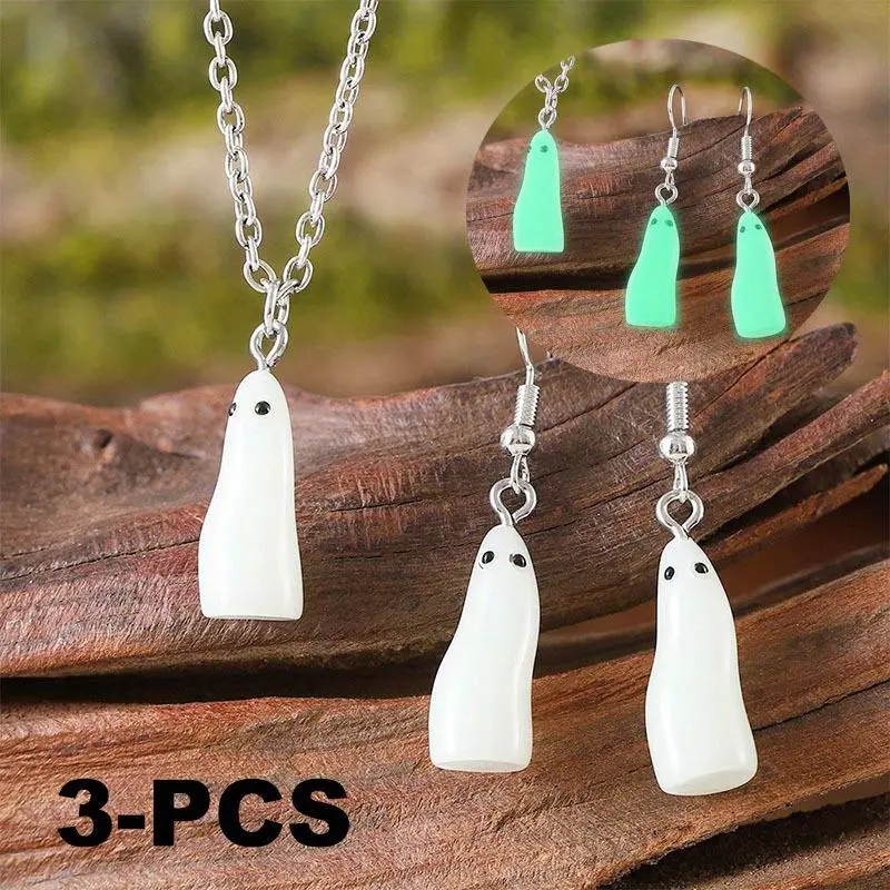 3PCS Personalized Glow Jewelry Set Funny Glow-In-The-Dark Charm Pendant Earrings Luminous Necklace Set Cute Ghost Jewelry Halloween Party, Proms, Music Festivals, And Holiday Wear Accessories