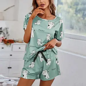 2026 Women Casual Cute Outdoor Shits with Shorts Pajamas Sets Short Sleeve Sleepwear 2 Piece Pjs Cartoon Cat Print Pyjamas Sets