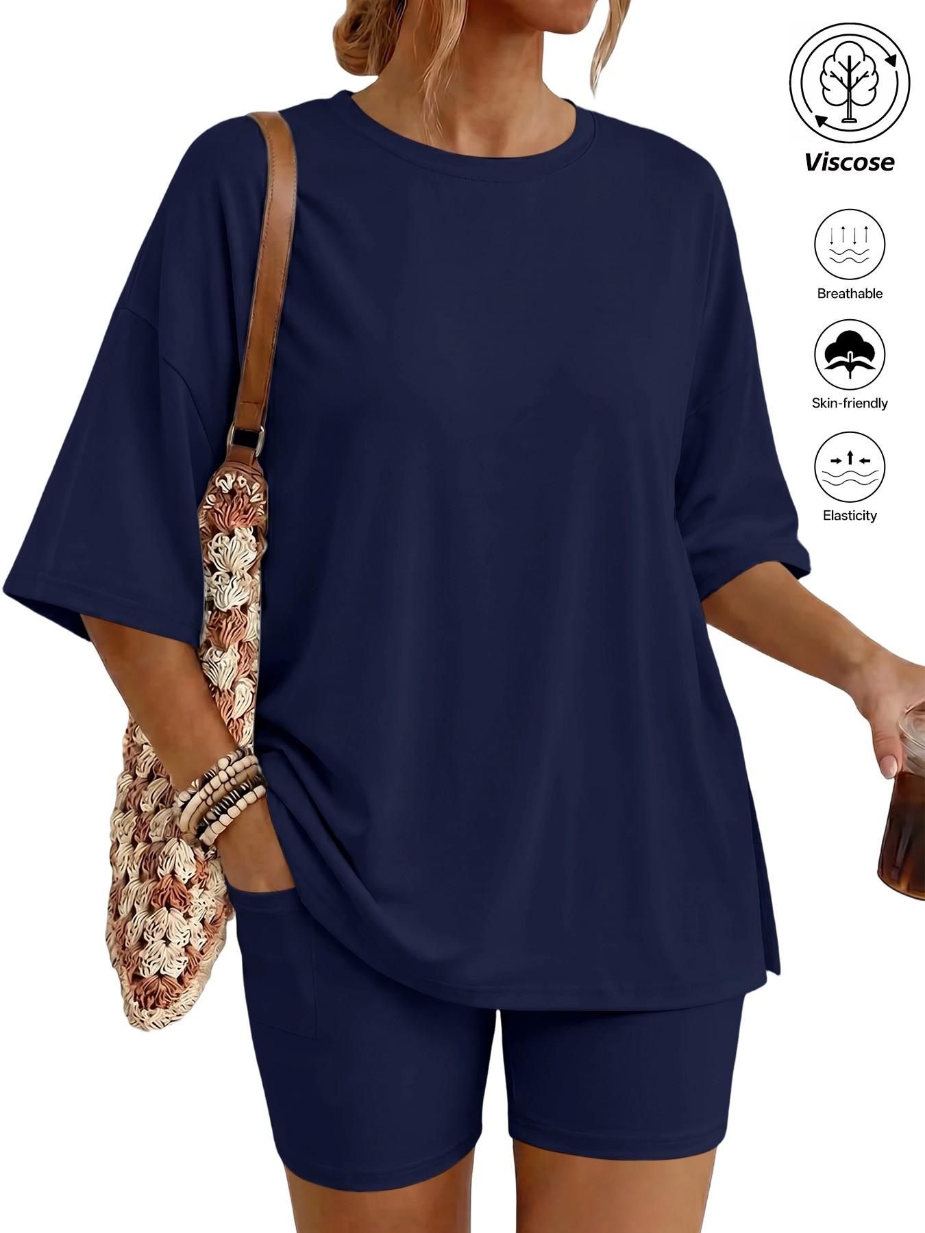 Women's Two Piece Lounge Set Matching, 2026 Summer Casual Basic Oversized Shirts & Biker Shorts, Fitted Plain Design, Perfect for Airport Travel Womenswear Clothes