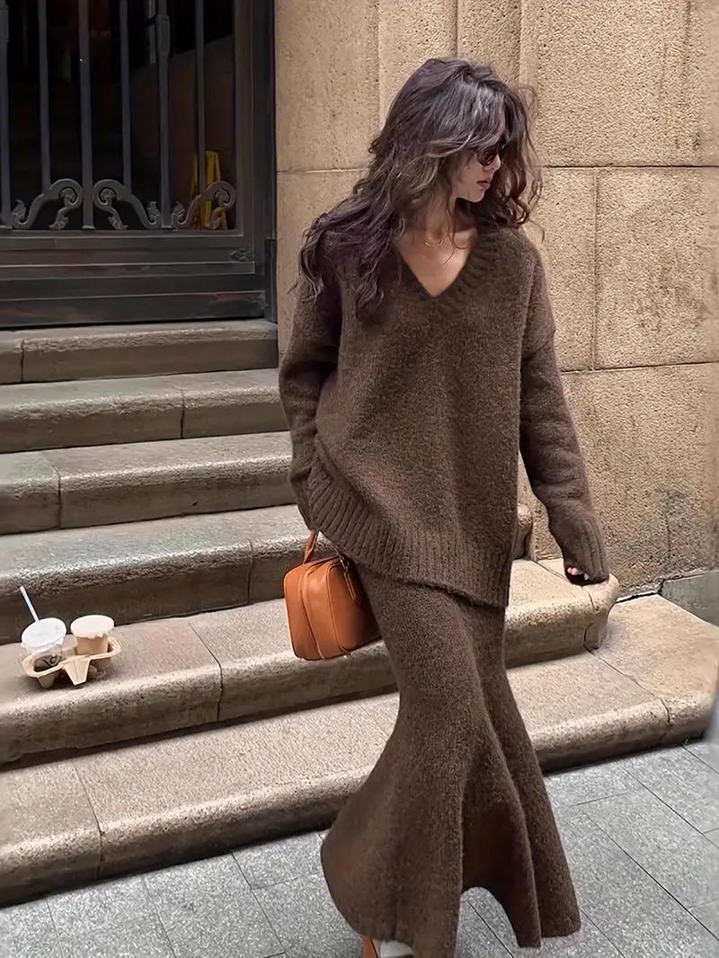 Women's V-Neck Sweater Dress Set, Casual Fashion Two-Piece Knitwear, Autumn Winter New Arrival, Comfortable and Elegant Style