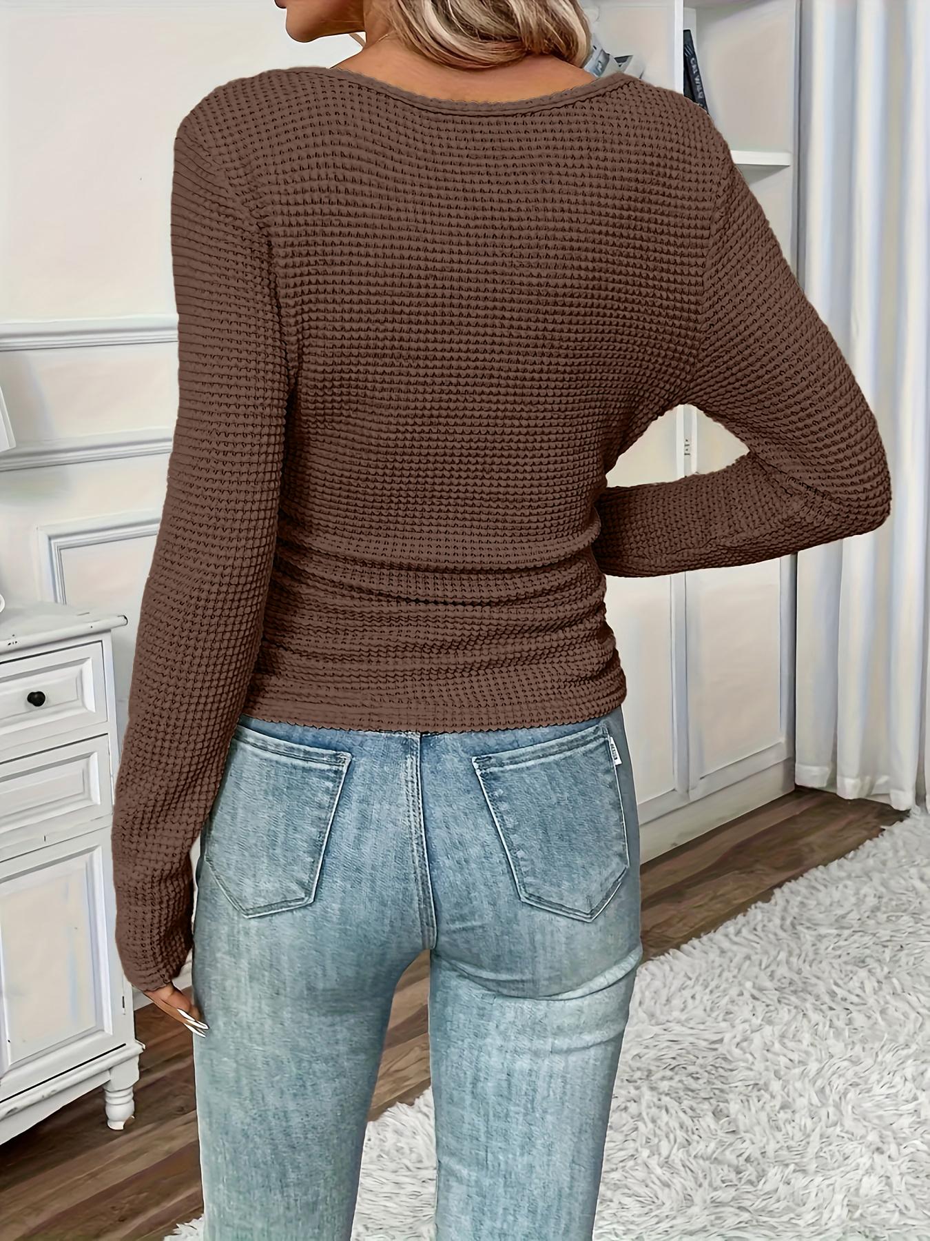 Elegant Women's Slim-Fit Long Sleeve Waffle T-Shirt, Plain Pattern Casual Top for Spring & Fall, Comfortable Thin Fabric Daily Wear