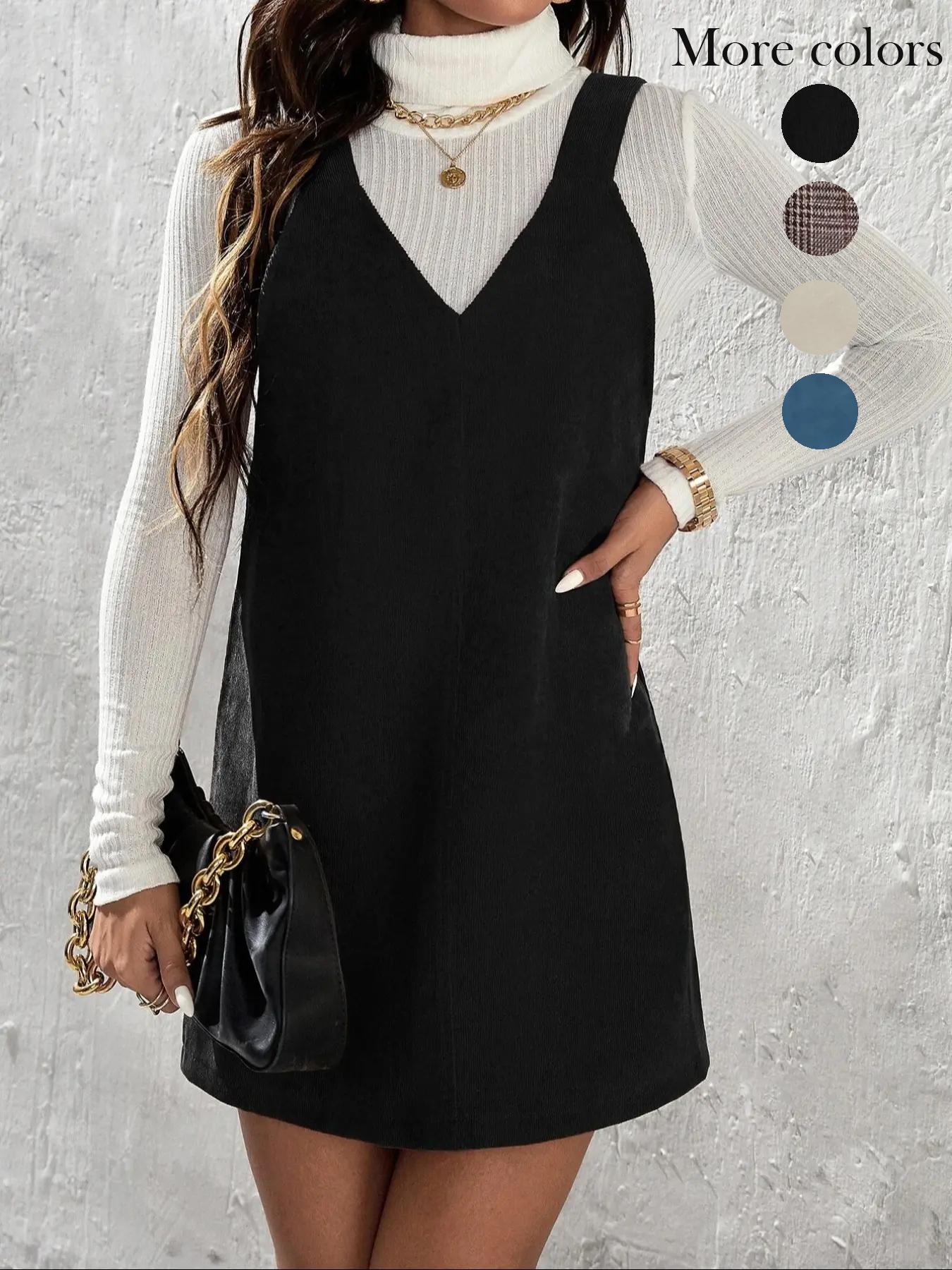 Women's Solid Color Corduroy Vest Dress without Sweater, Casual Sleeveless Straps Short Dress for Daily Wear, Ladies Clothes for All Seasons