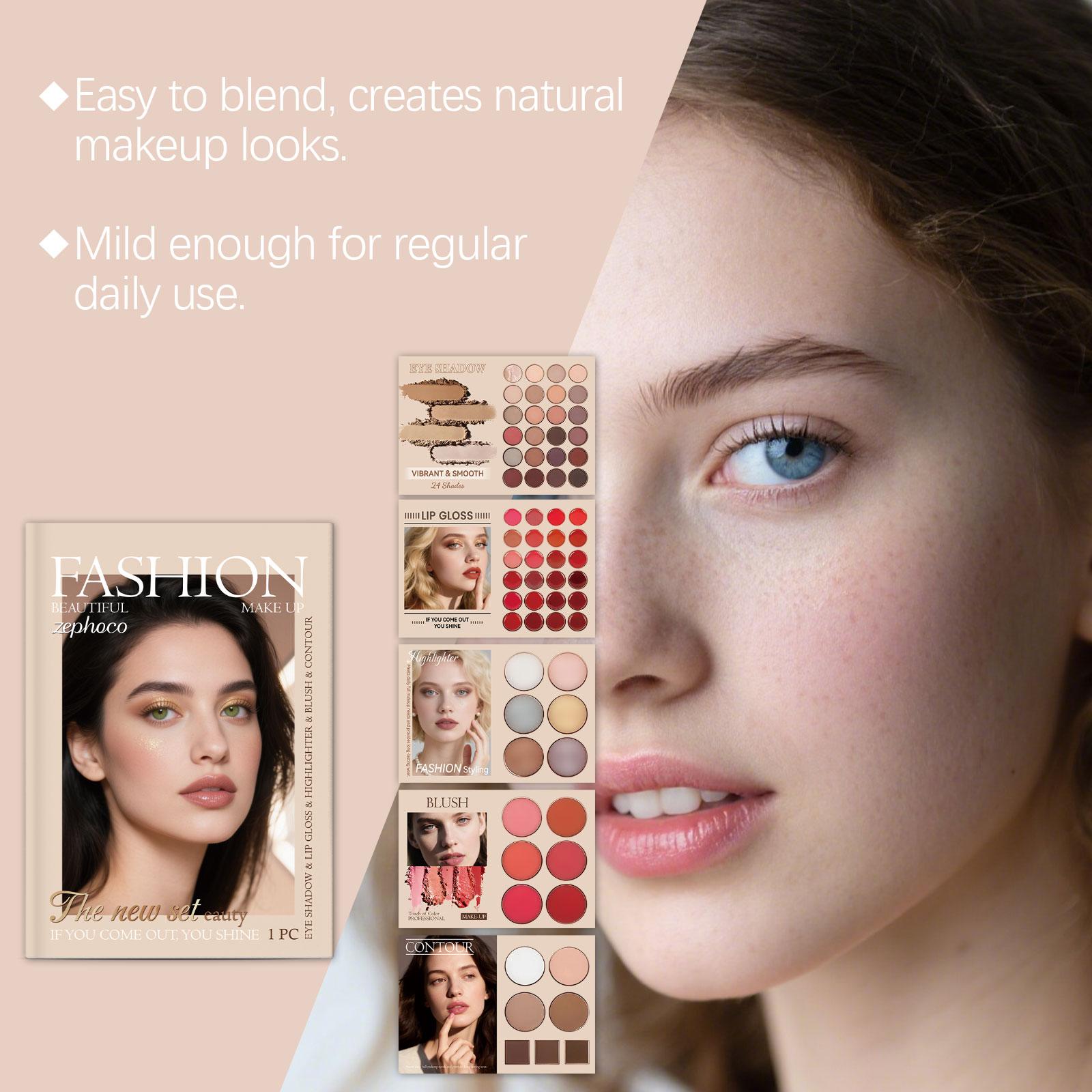 Zephoco All-In-1 Fashion Makeup Book Palette Full Face Cosmetic Set - 24 Shades Eyeshadow, Lip Gloss, Blush, Highlight, Contour Kit, Blendable Pigmented Natural Shades for Daily/Party Looks, Portable Travel Kit for Makeup Beginners Women