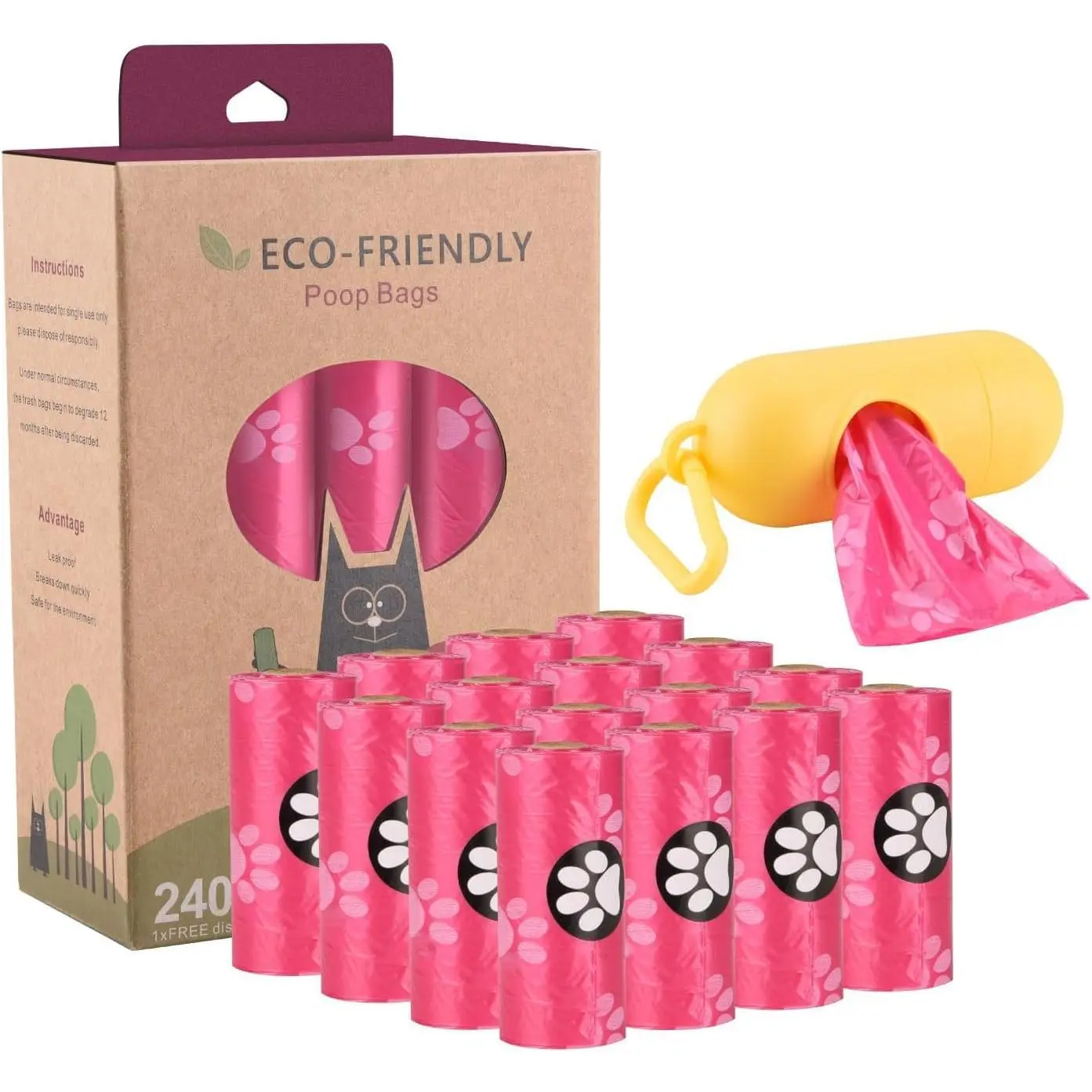 Poo Bags with Holder-240 Large Poop Bags, Corn Starch Blended Compostable Bag, Extra Thick  Leak Proof  Bag for Dogs ()