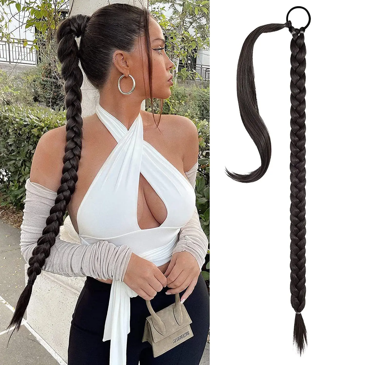 New fashionable synthetic hairpiece for women—long braided ponytail with a band attachment; clip-in braid wig; ponytail wig