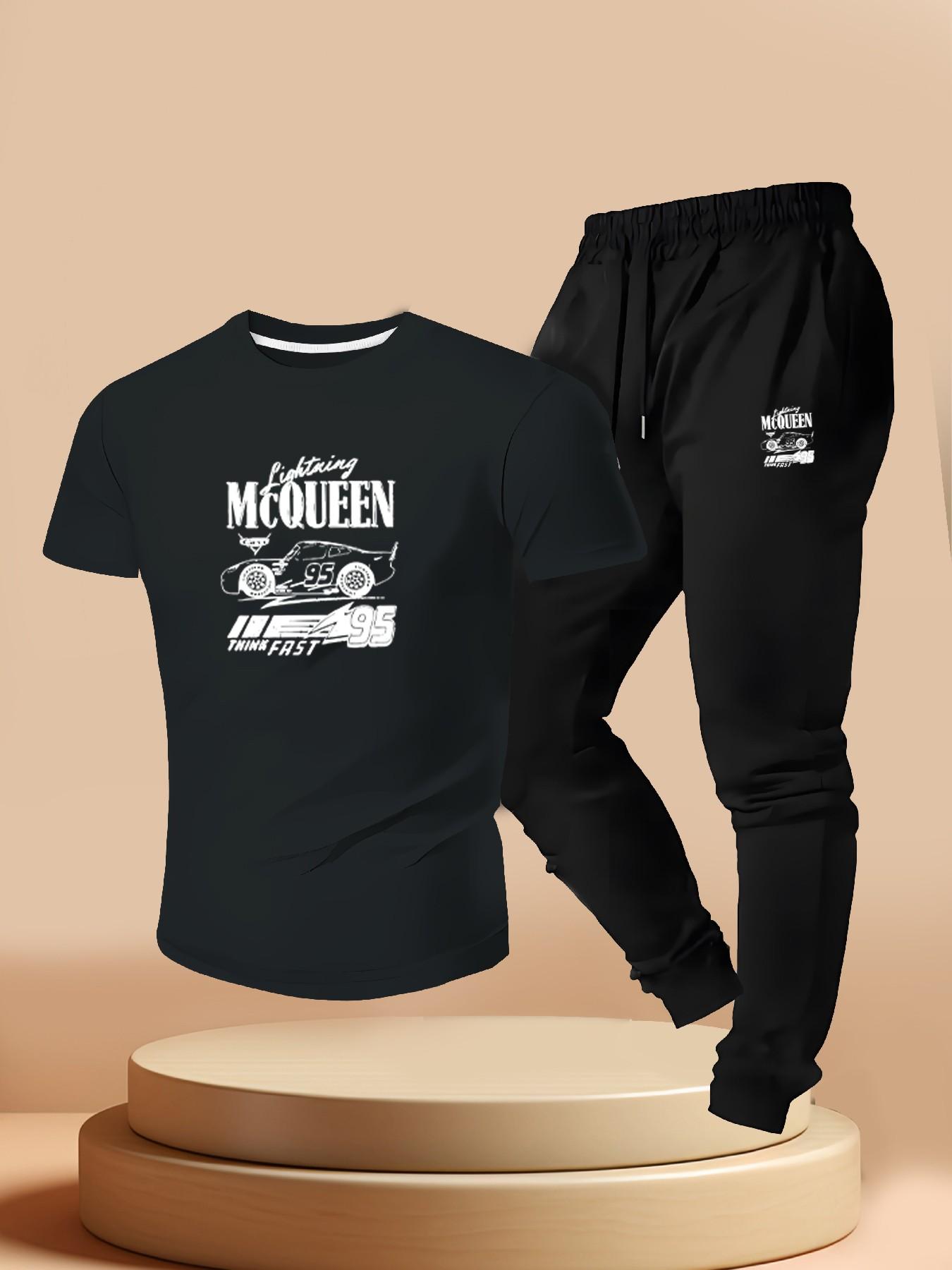 Men's Lightning Mcqueen Car Theme Print Short Sleeve Tee + Jogger Pants Set, Summer Casual Sportswear, Slim Fit, Regular Length