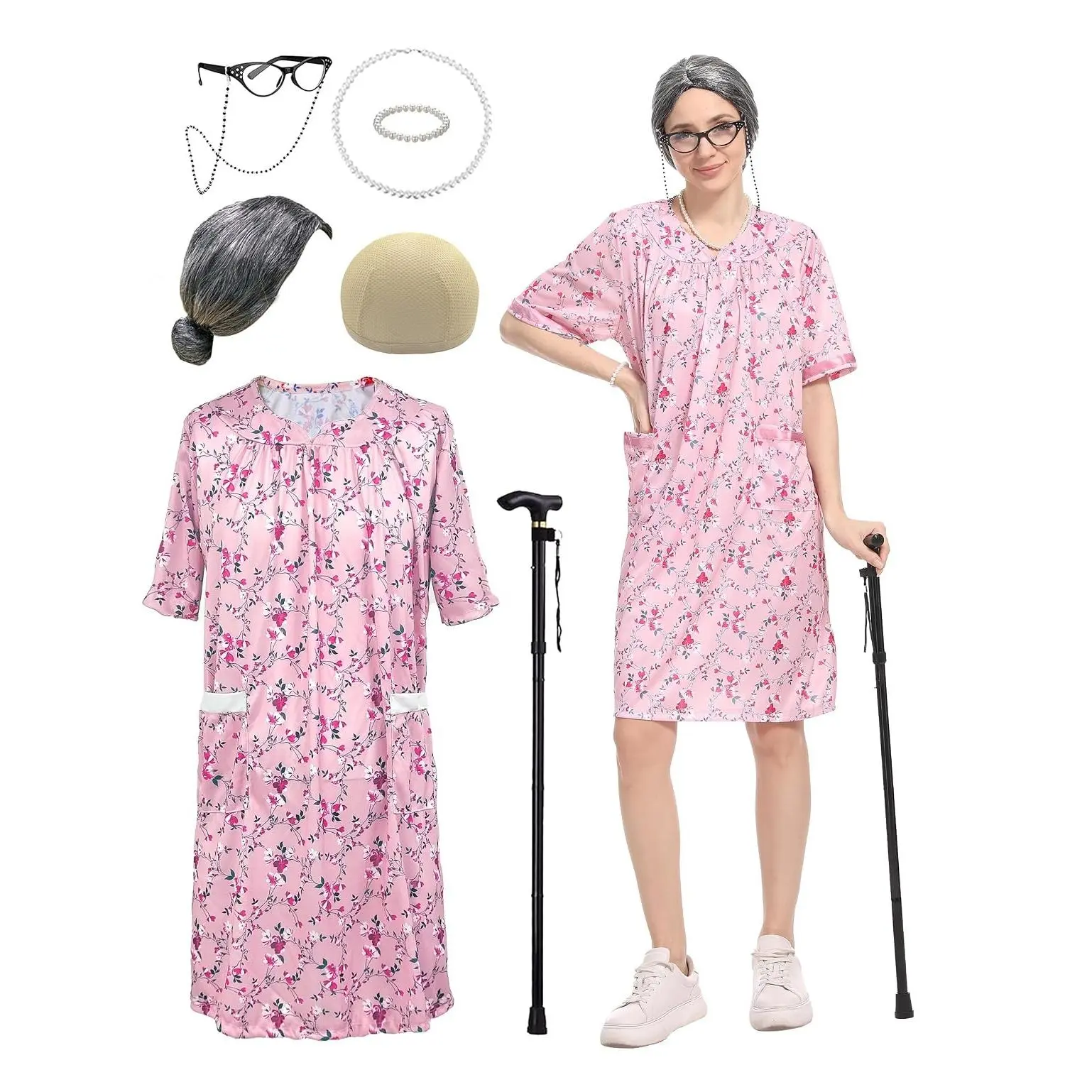 Women's Old Lady Costume Kit, 100 Days of School Adult Granny Dress Cosplay, 8PCS Suit - Grandma Wig and Wig Cap, Retro Glasses with Chain, Faux Pearl Jewelry, Cane, Pink Floral Dress SuitGift