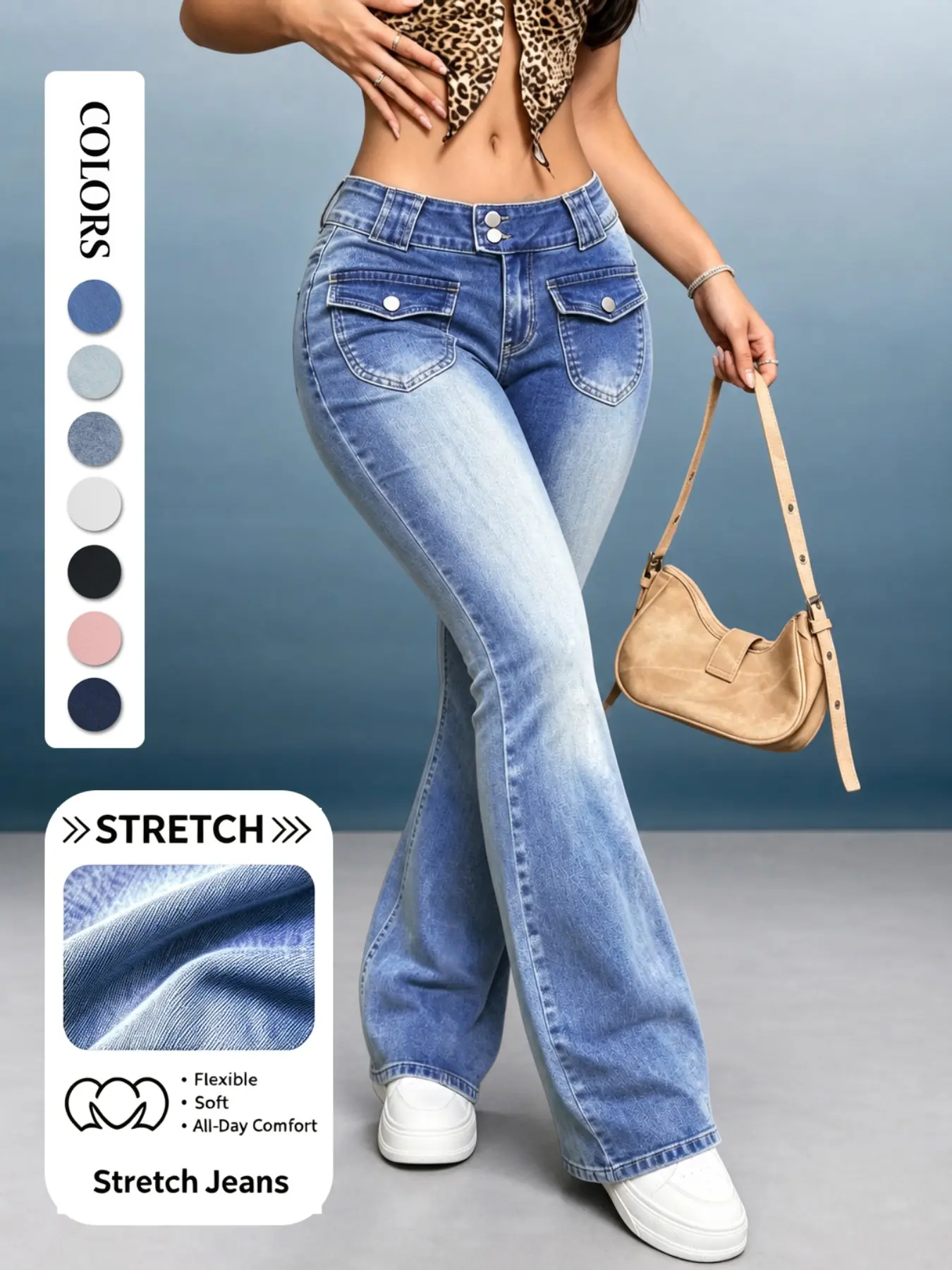 Y2K Style Women's Low Waist Flare Jeans, Dual Button Front Pocket Washed Slim Fit Long Pants, Vintage Elastic Bell Bottom Denim, Flared