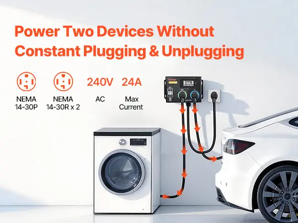 【toolupgrade】VEVOR Automatic EV Charging Switch, NEMA 14-30, Splitter Switch for Dryer EV Charger, 24A Max 240V Smart Power Distribution with Circuit Breaker, Real-Time Display, for EVs, Ovens, Dishwashers, ETL