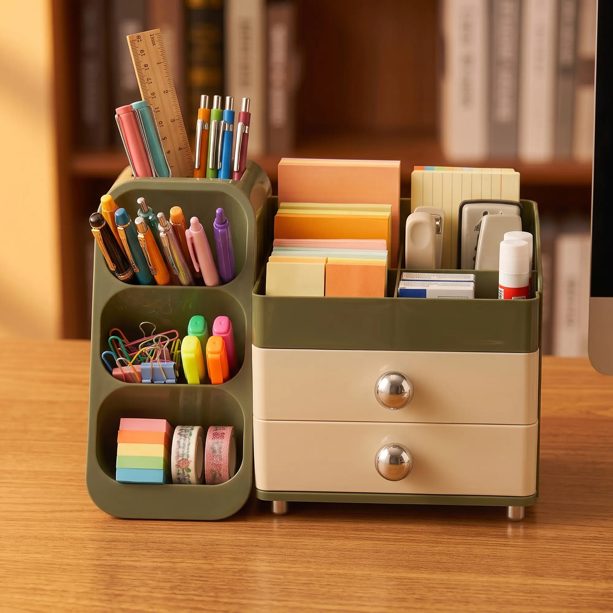 Multi-Functional Desktop Desk Organizer with 2 Drawers, Plastic Storage Caddy - Multi-Compartment Stationery & Pen/Pencil Holder for Office Desk Supplies, Green