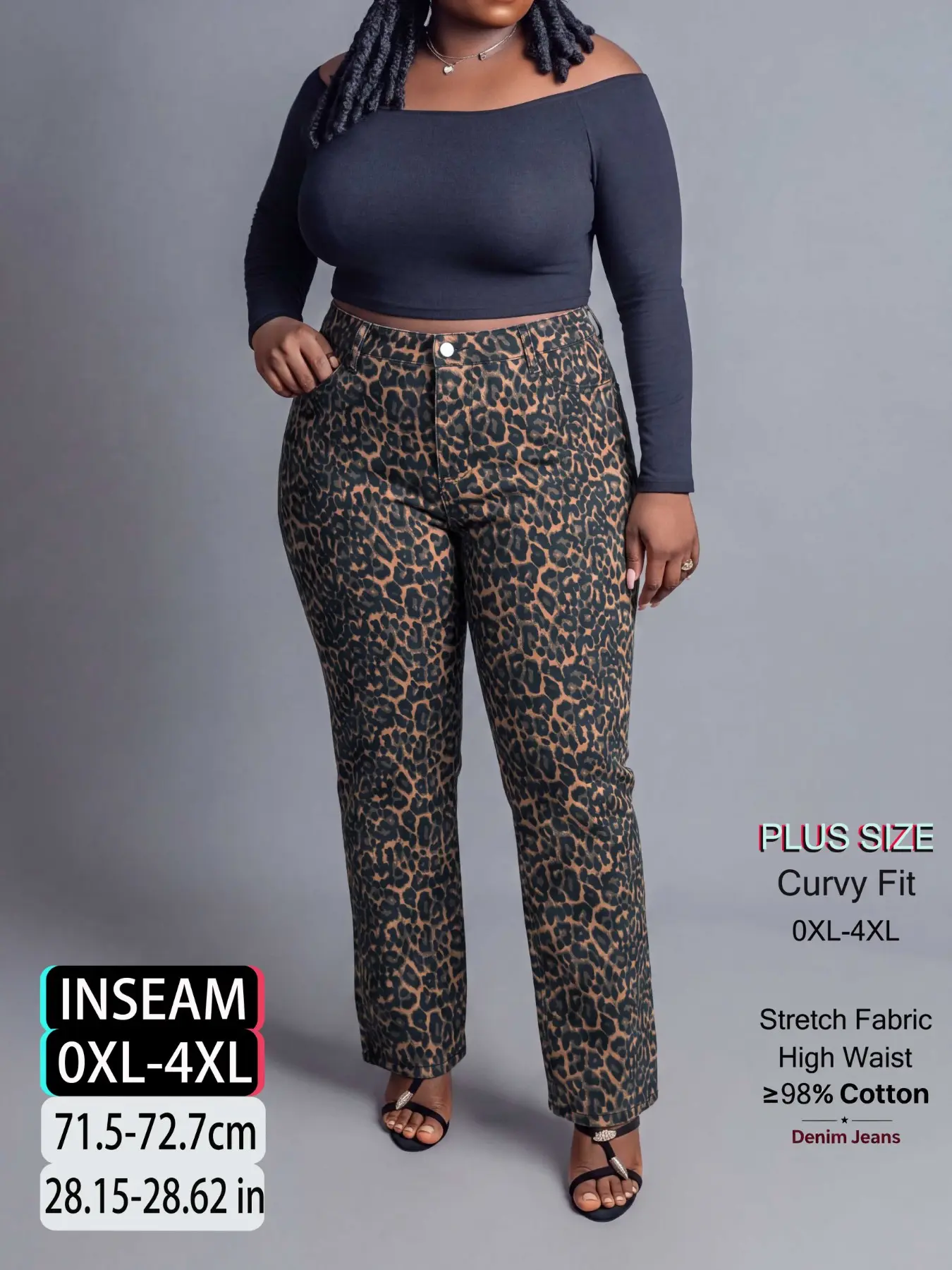 Women's Plus Size High Waist Stretch Jeans, Classic Leopard Print, Comfortable Long Fashion Jeans, All Seasons Streetwear