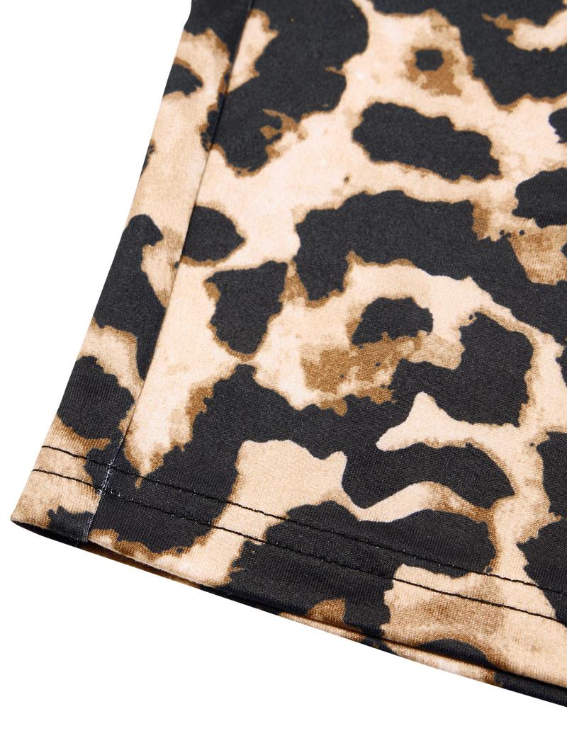 Women's Leopard Print Sleeveless Dress, Deep V Neck Contrast Lace Design, Slim Fit High Waist Back Slit, All Season Elegant Fashion