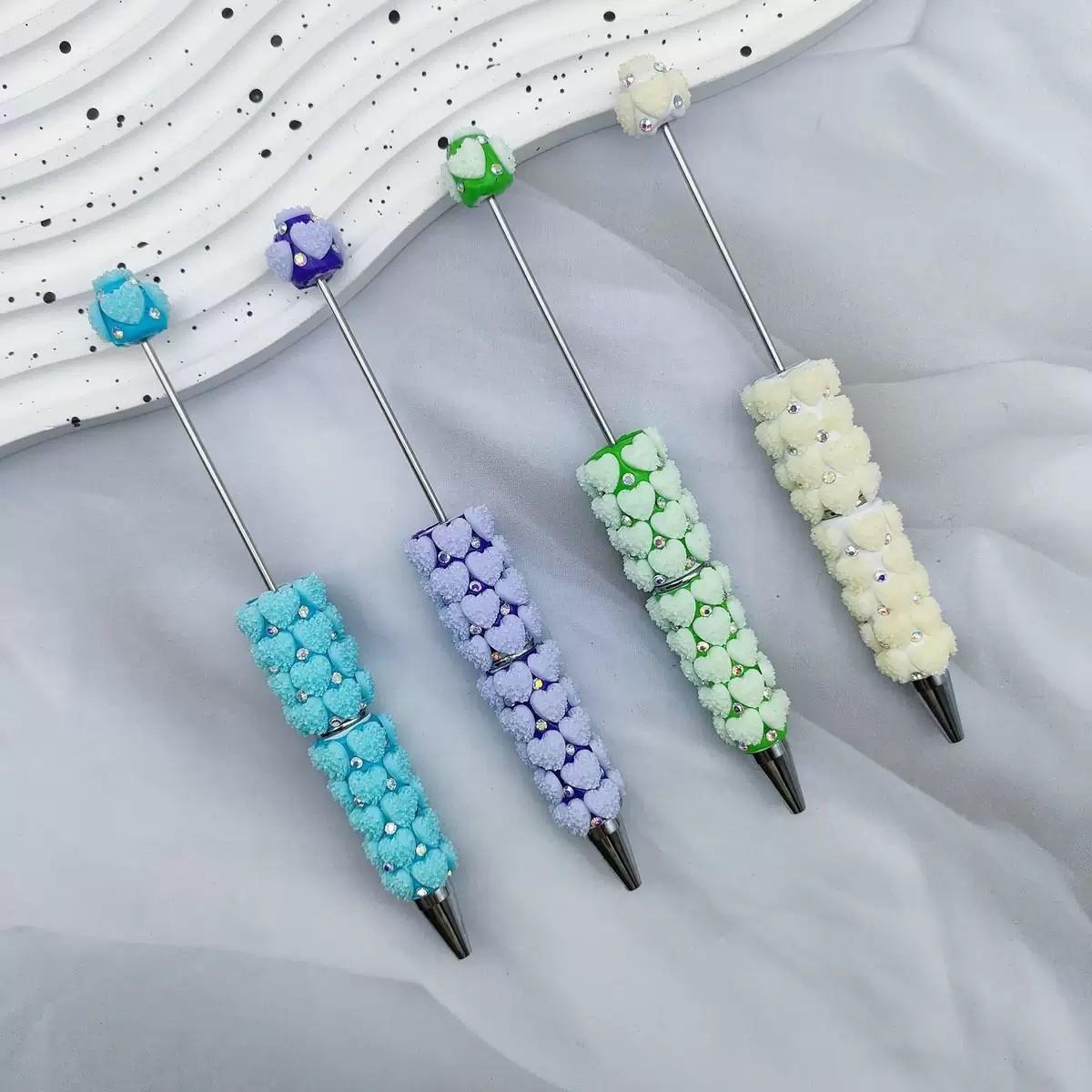 5pcs Heart Design Full Coverage High Aesthetic DIY Beaded Pens, Beadable Pens, Pearl-Inserting Round Ballpoint Pens, Beautiful Writing Tool Set, Stationery Office Supplies