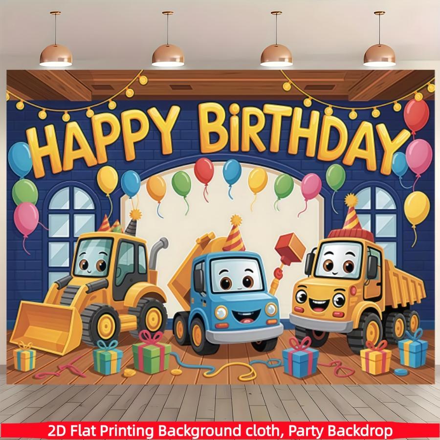 Construction vehicle birthday background banner, bright cartoon truck and balloon design, made of polyester material, suitable for living rooms, bedrooms, offices, birthdays, anniversaries, home decoration, outdoor and indoor parties