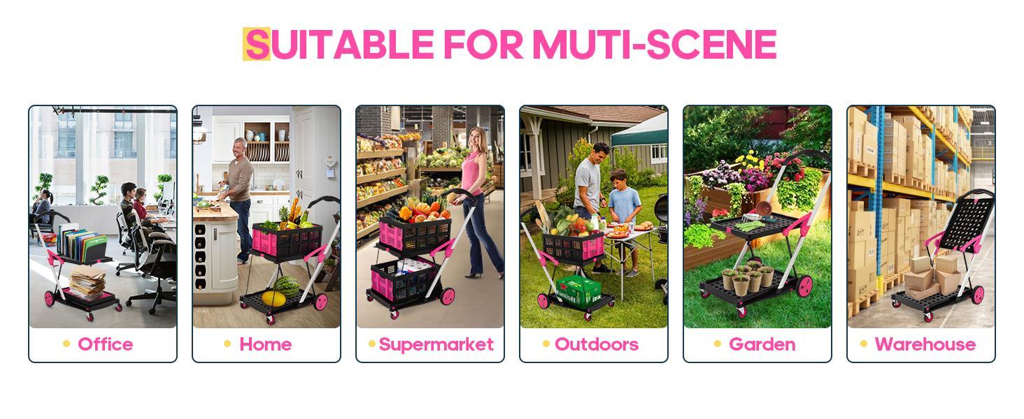 Multi-Use Functional Collapsible Carts | Mobile Folding Trolley | Shopping Cart with Storage Crate，Foldable Utility Cart with Wheels
