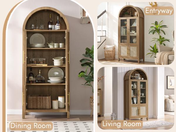 PieDle Furniture 71" Tall Arched Display Cabinet, 5-Tier Bookshelf Modern Farmhouse Arched Bookcase with Glass Doors and Shelves, Wooden Pantry Storage Cabinet for Living Room, Office and Kitchen