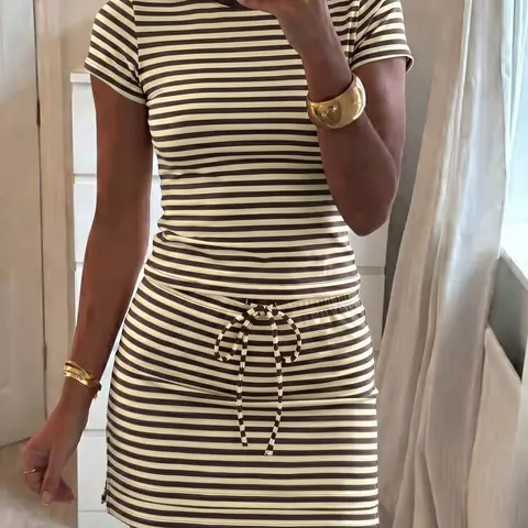 Soft Stretch Striped Casual Two-Piece Set, Slim Fit Short Round Neck T-Shirt & High Waist Adjustable Drawstring Skirt, Versatile Home & Skirt and top set