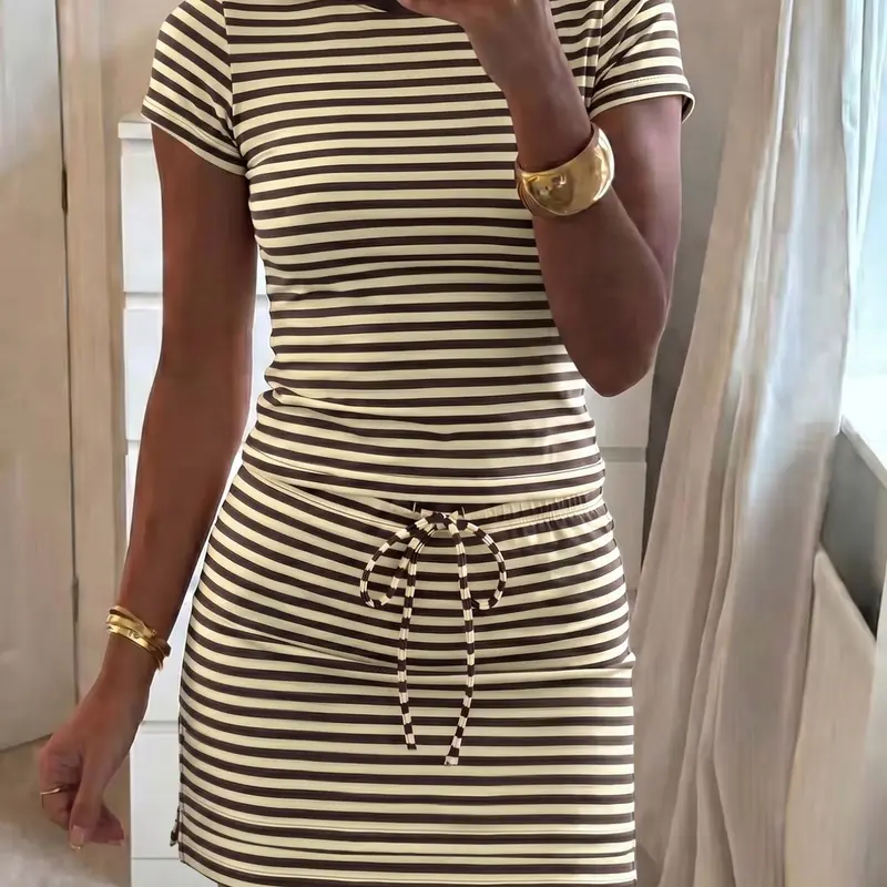 Soft Stretch Striped Casual Two-Piece Set, Slim Fit Short Round Neck T-Shirt & High Waist Adjustable Drawstring Skirt, Versatile Home & Skirt and top set