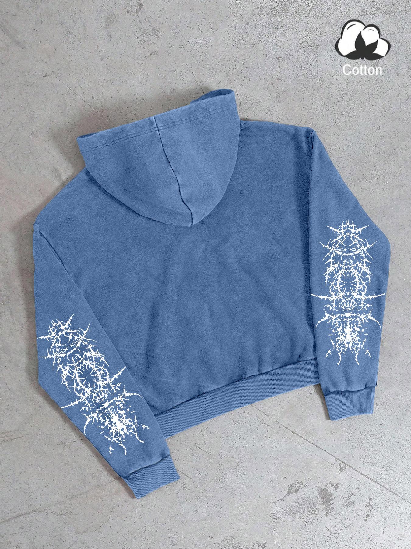 Men's long-sleeved Gothic street Graphic print hooded sweatshirt, washed hooded zipper sweatshirt, casual daily wear, men's long-sleeved fleece autumn and winter jacket