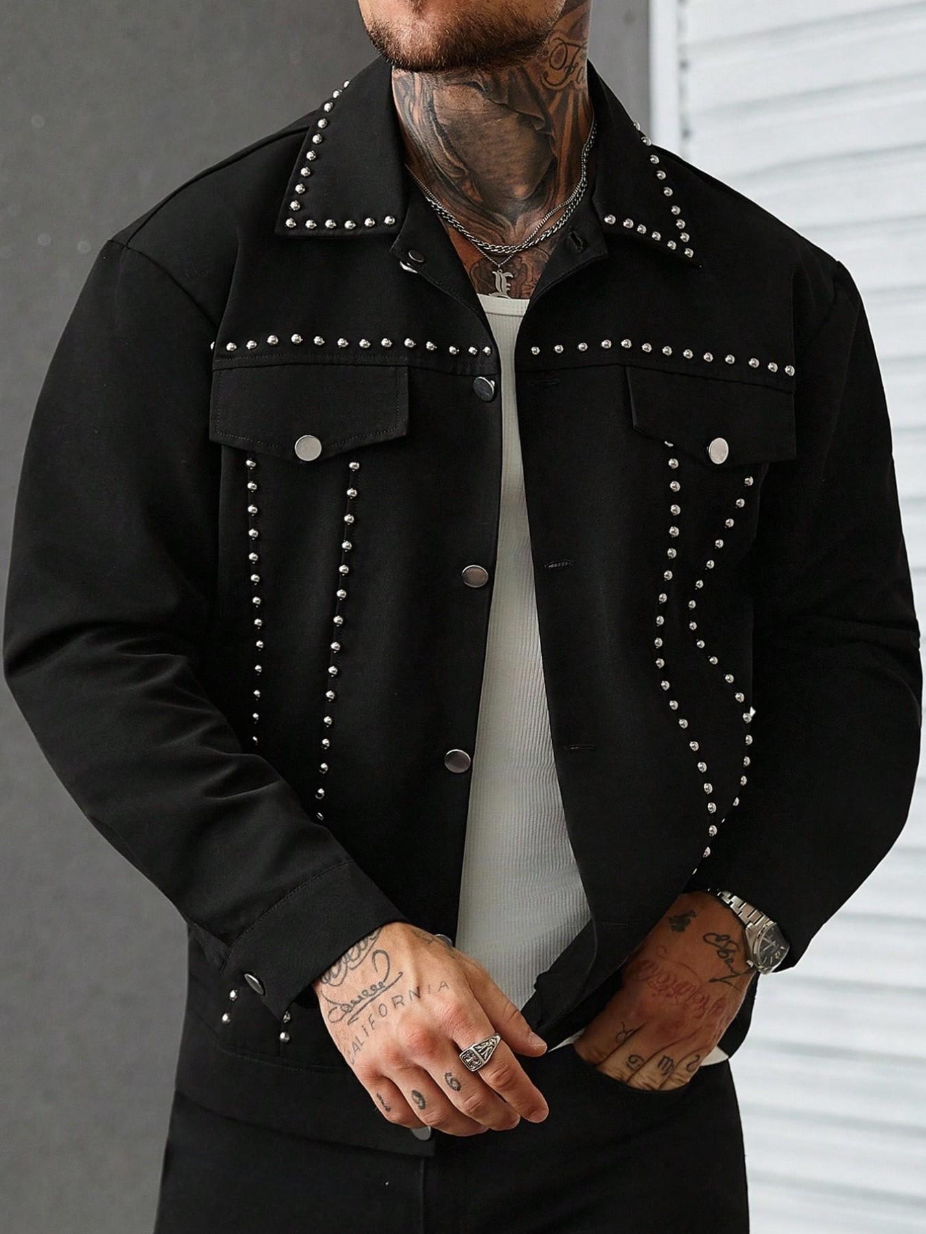 Men's Rivet Decorated Collar Work Jacket, Punk Street Style, Metal Rivets, Button Front, Pockets, Long Sleeve, Fall & Winter