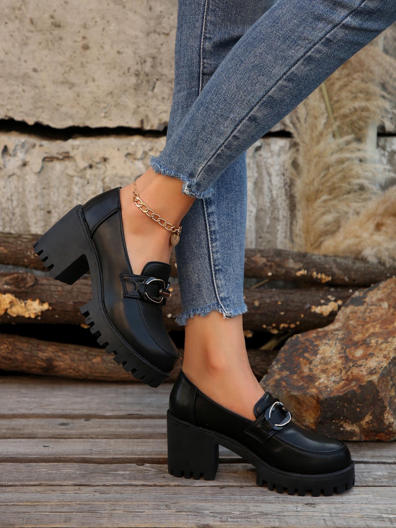 Women's Fashion Elegant Classic High Heels, Chunky Pumps, Metal Decor Faux Fur Design, Stage Style Thick Sole Punk Shoes, All Season Wedding Comfortable Wear