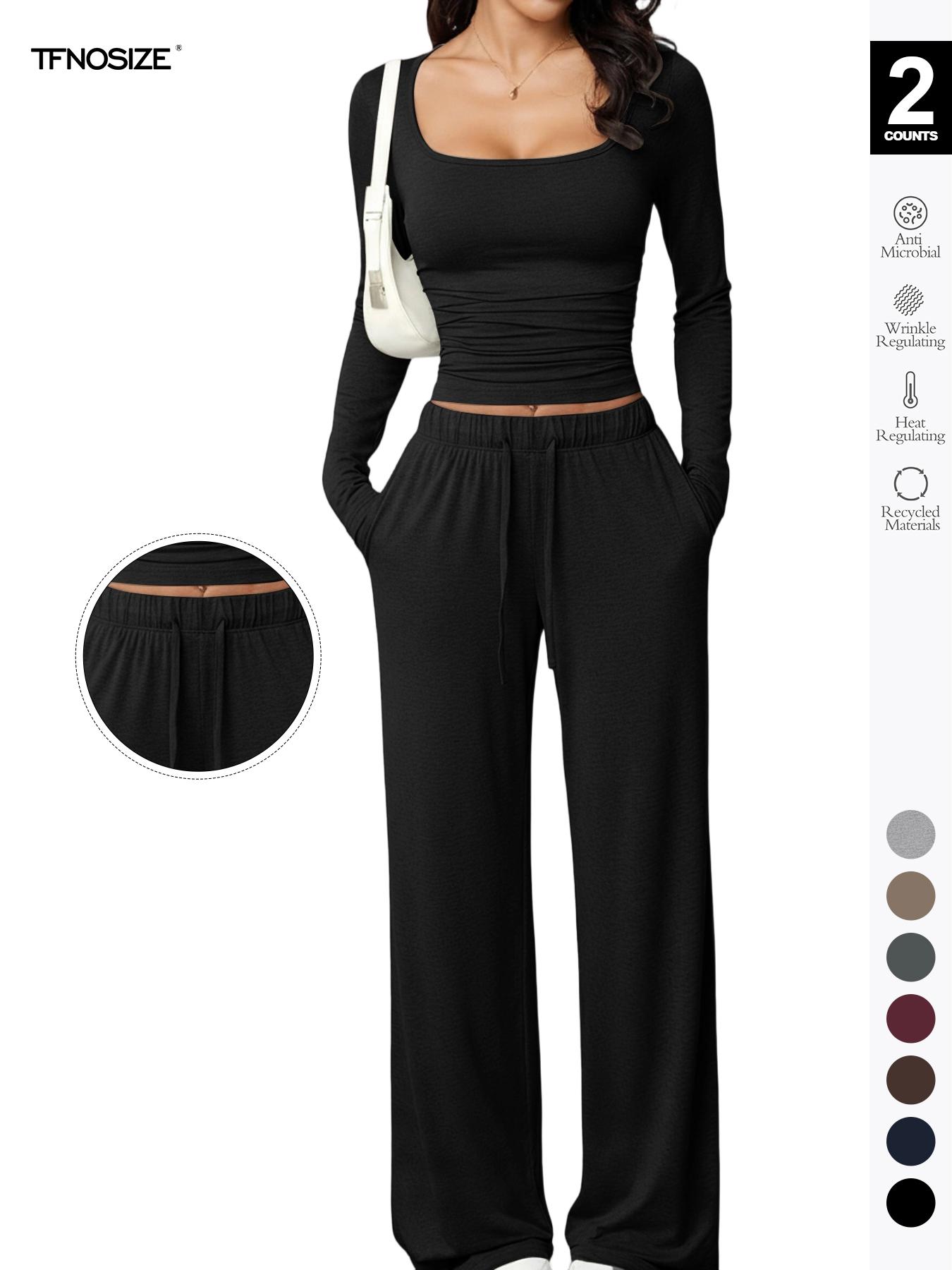 Women's Long Sleeve Square Neck Loungewear Set, Casual Loose Fit Home Wear, All Seasons Comfortable Fabric, 2026 New Arrival