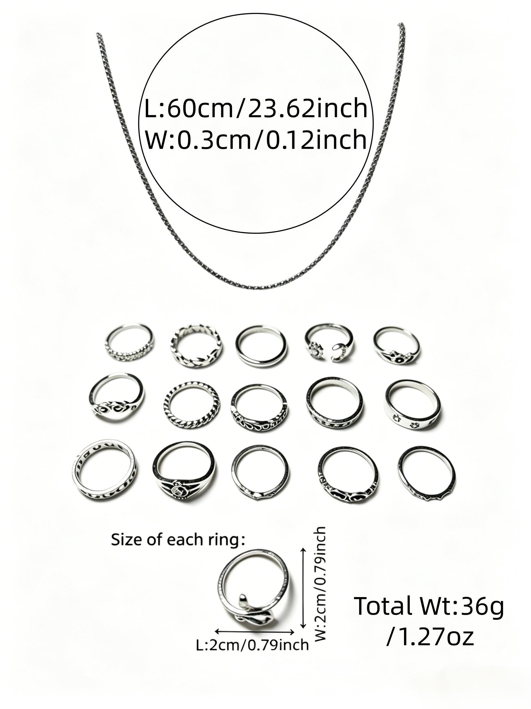 17-Piece Ring Necklace Set, Vintage Silver Color Stackable Rings, Stainless Steel Pearl Necklace, Y2K Gothic Punk Jewelry, Gift for Friends