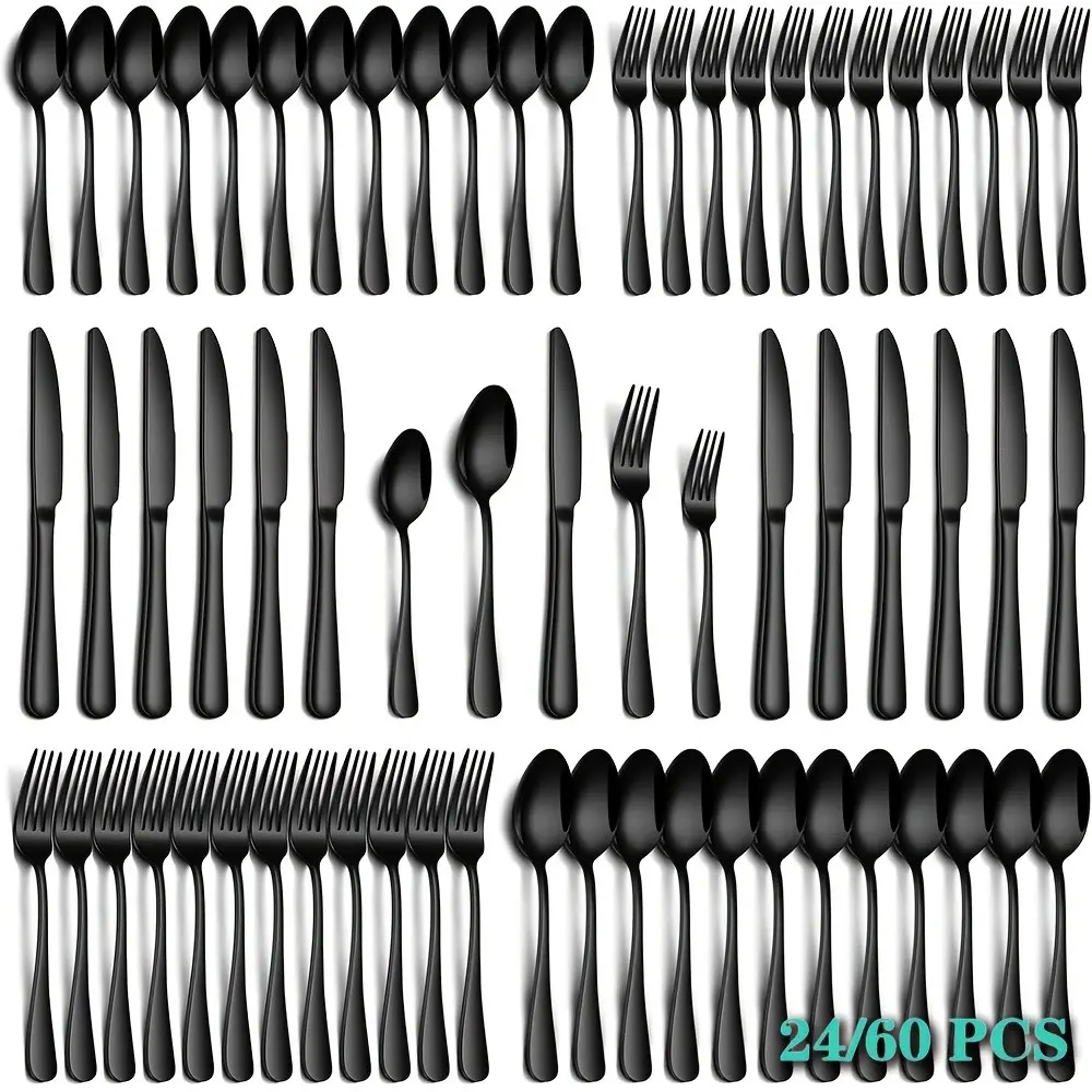24/60pcs Silver/Black Stainless Steel Tableware Set for 4/12 People, Steak Knife, Salad Fork, Dessert Spoons, Cutlery with Gift Box, Kitchen Home Outdoor, Wedding Camping Christmas Party Gift, Dishwasher Safe
