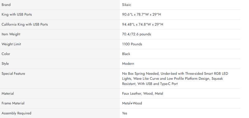 Sikaic Wave Like Curve LED Lighting Bed Frame With Charging Ports And Headboard Black Home Ergonomic Bedroom Furniture Adjustable