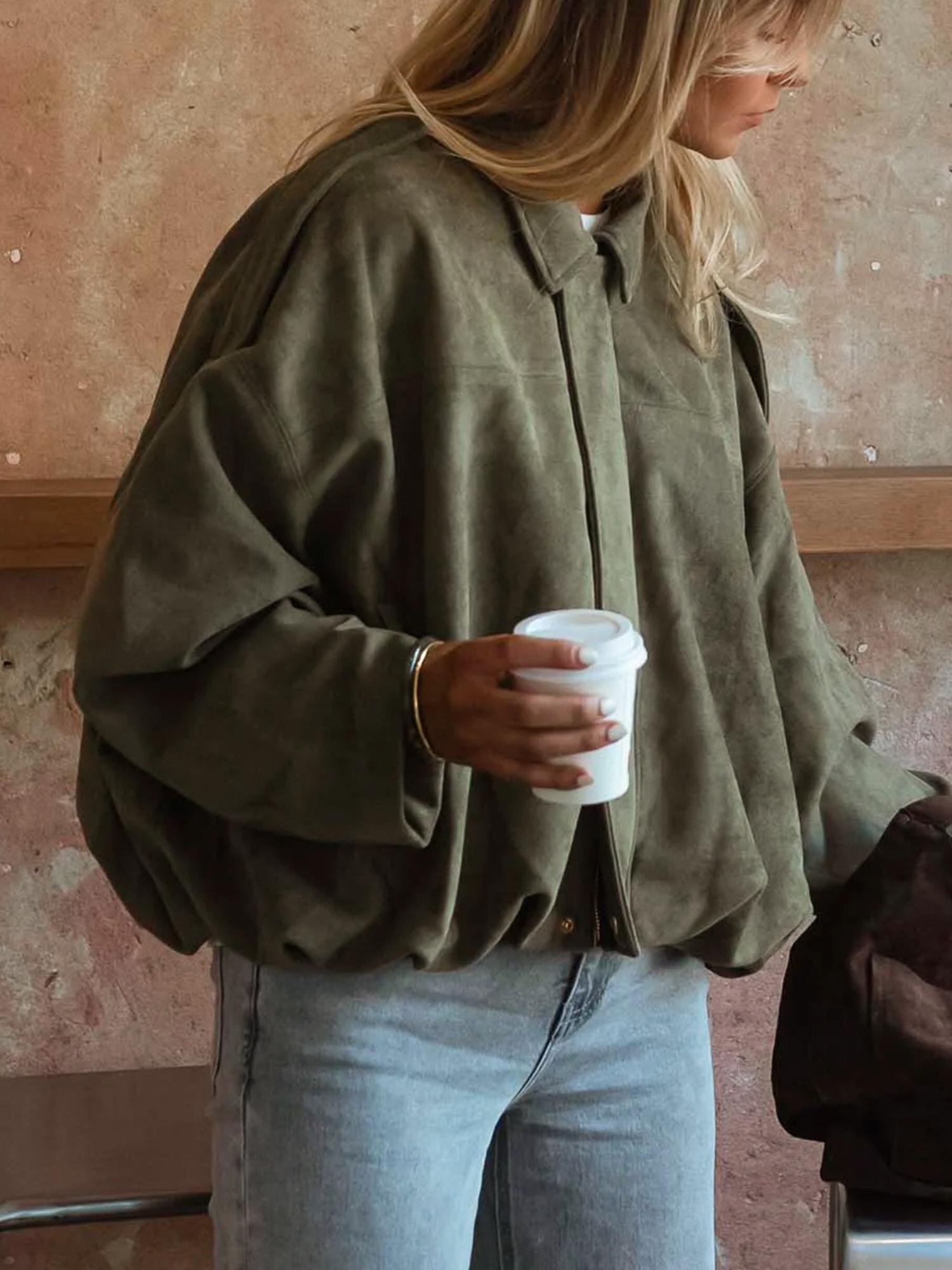 Women Solid Fall Winter Long Sleeve Loose Jacket Ladies Daily Casual Outfit Vintage Coat