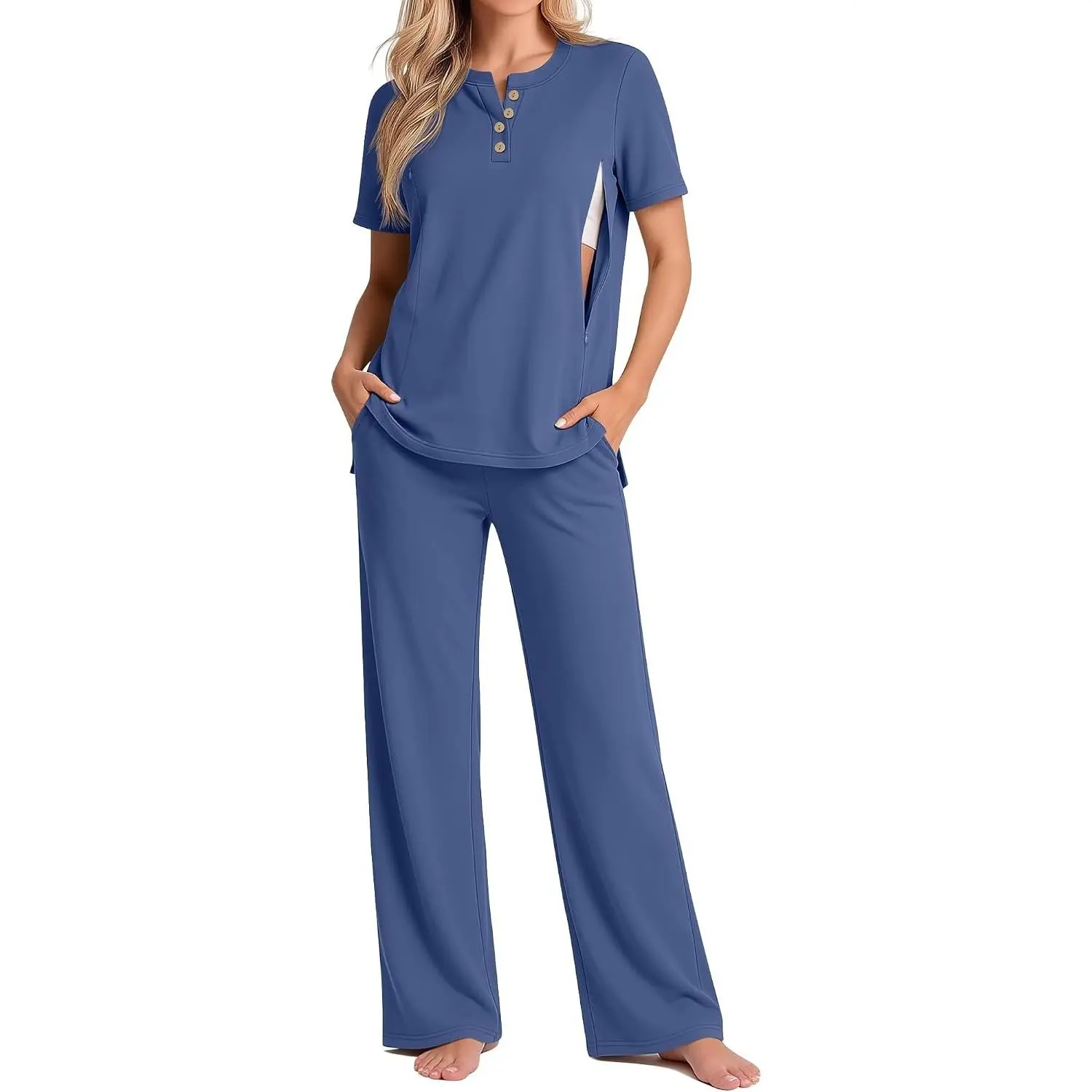 Women Maternity Nursing Set | Postpartum, Breastfeeding, Pregnancy, 2 Piece, Short Sleeve, Zipper, Henley Shirts, Wide Leg Pants, Clothes, Lounge, Outfits