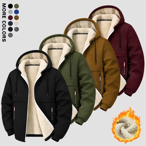 Men’s thick plush zip-up long-sleeve fleece hoodie — casual outdoor sports warm basic solid-color top, men’s jacket outerwear