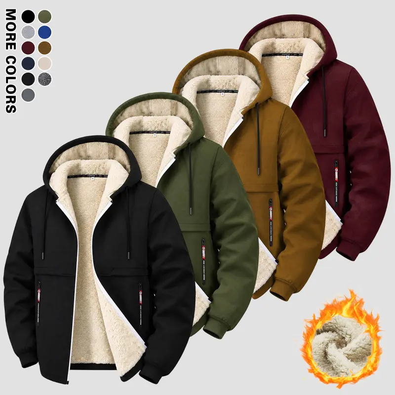 Men’s thick plush zip-up long-sleeve fleece hoodie — casual outdoor sports warm basic solid-color top, men’s jacket outerwear