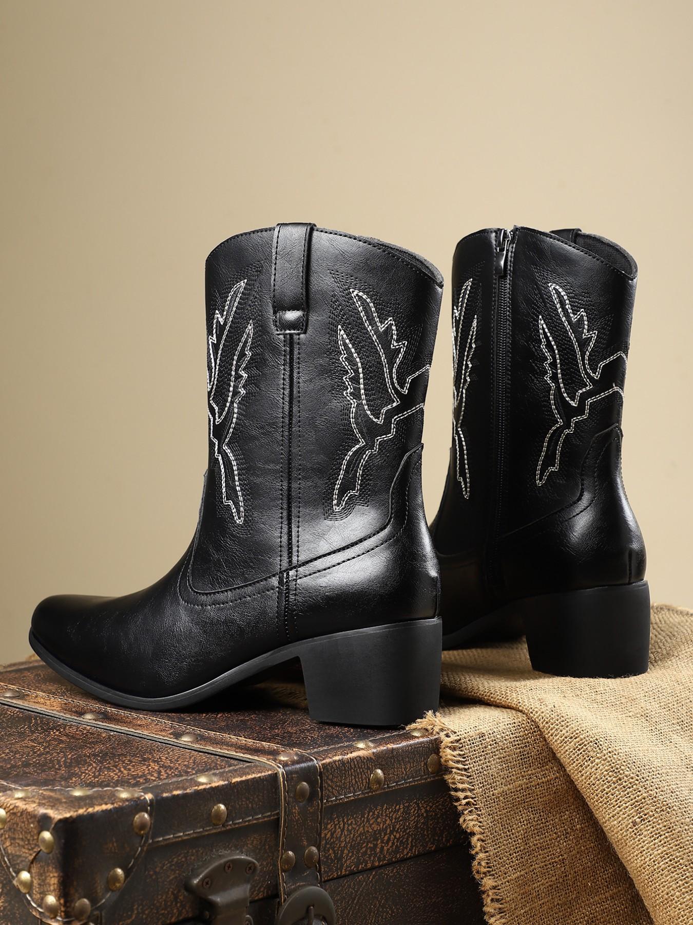 Men's Denim Boots Daily Embroidery Casual Low Heel Rubber Sole, Patchwork PU Upper, Mid-Calf Height, All Seasons Wear