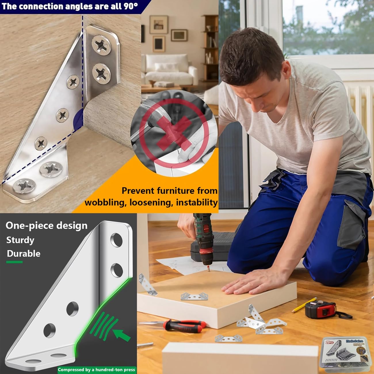 20PCS Heavy Duty Stainless Steel L-Angle Metal Brackets, Durable Hardware Furniture Corner Connectors, Mounting Brackets Shelves for Secure Fastening of Wood