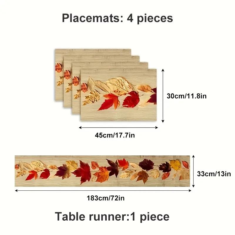 5/7 Piece Rectangular Table Runner Set + Placemats, Vibrant Maple Leaf Design, Ideal for Seasonal Celebrations, Indoor Outdoor Dining Decor