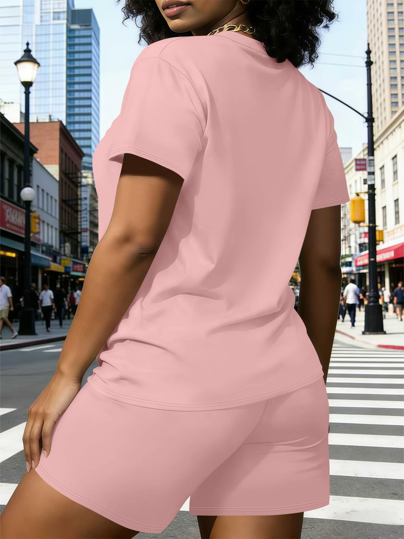 Plain two-piece set, plain typical Western hot girl style casual two-piece set, typical Western hot girl style casual two-piece set, plus size loose's clothing, crew neck T-shirt short sleeve   shorts set, comfortable casual fashionable elegant