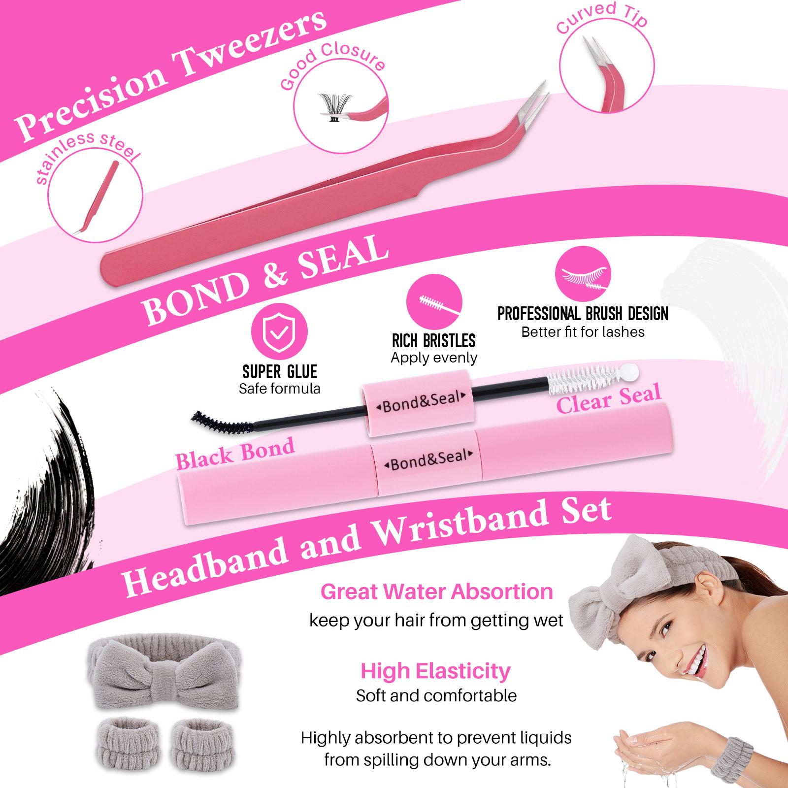 Lashsun Lash Clusters Kit D Curl 8 Styles, Natural Colorful Lashes, Bond Seal Brush, Headband Wristband, Beginner Proficient DIY