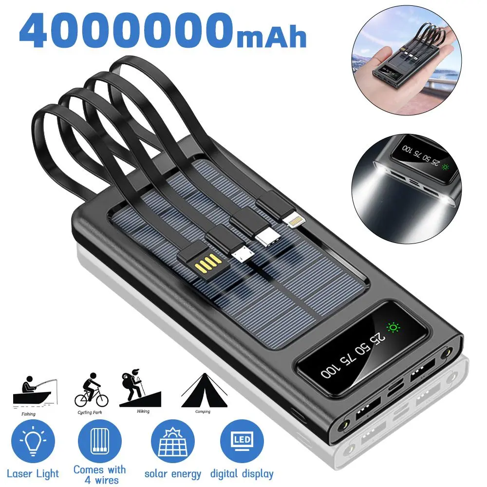40000mAh Lithium Storage Solar Power Bank, Portable Silicon Solar Charger with 3 Outputs, 1 Micro Input Cable, Button-Controlled Flashlight & 5V2.1A Fast Charging for Smart Phones & Devices, Compact